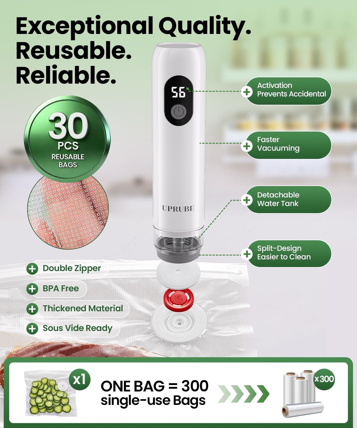 Compact Vacuum Sealer for Food (Vacuum Sealer Machine + 30 Reusable Vacuum Bags), Powerful Handheld Food Vacuum Sealer Machine with LED Display & Liquid Drainage Tube, Portable Food Sealer