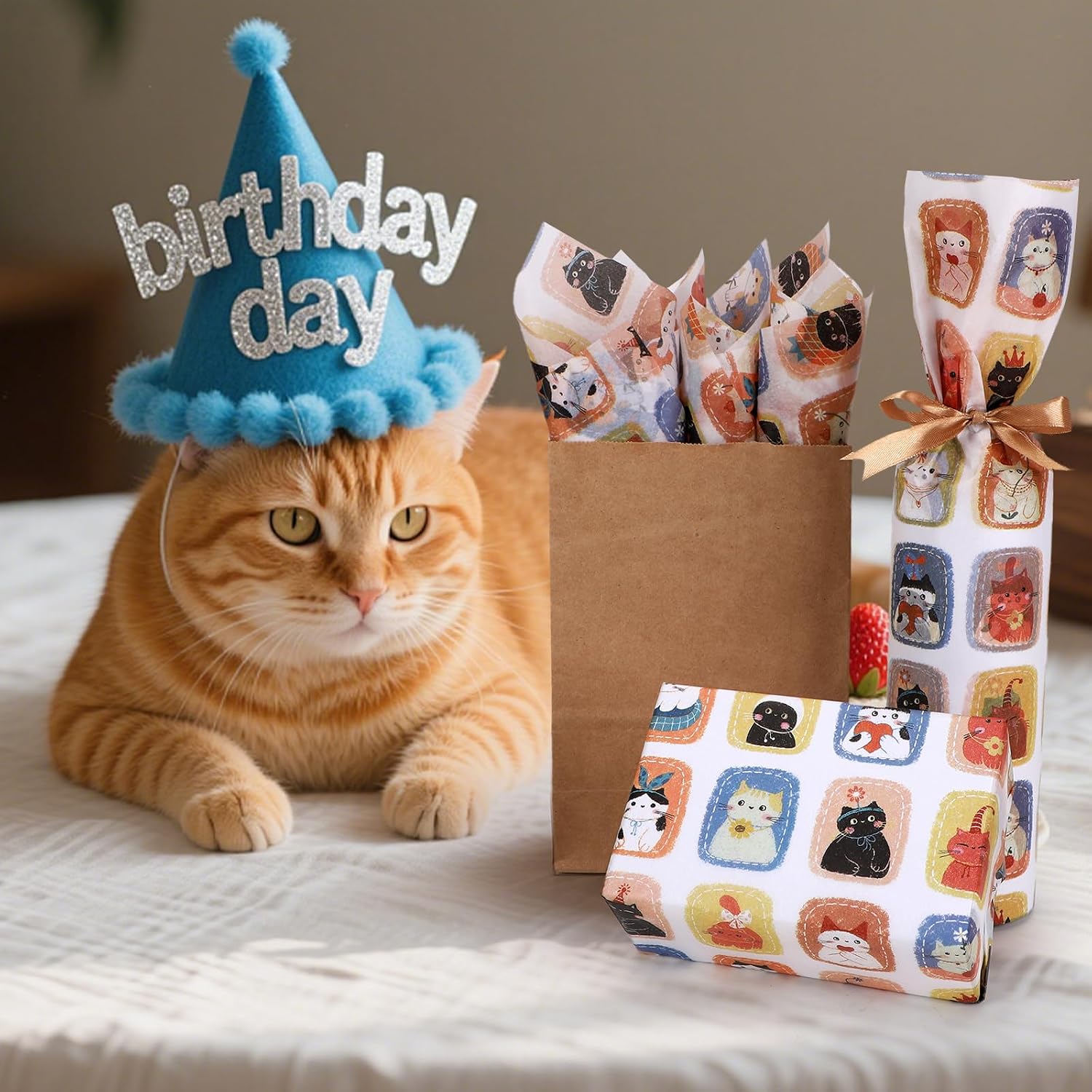 60 Sheets Cat Print Tissue Paper, 20 x 14'' Watercolor Kittens Seamless Pattern Wrapping Paper for Cat Lovers Birthday DIY Crafts Baby Shower Party Supplies