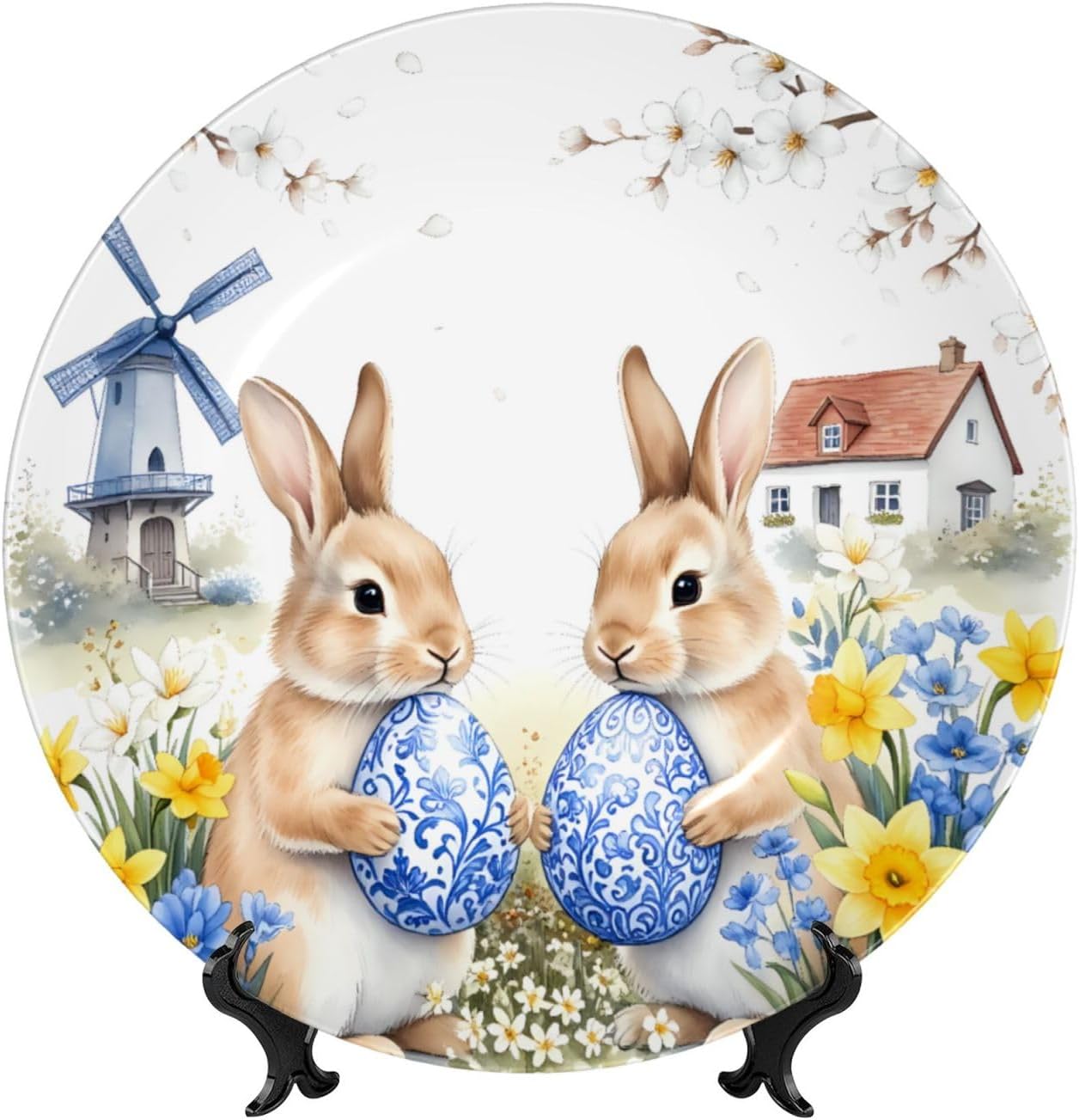 Easter Bunnies Eggs Style Ceramic Plate Display Decorative Plate With Stand Wall Hanging Plate For Home Decor 10 Inch