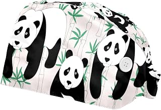 2 Pieces Working Hat with Buttons Adjustable Sweatband Bouffant Hats Unisex Tie Back Hats Cute Panda Bamboo Pattern