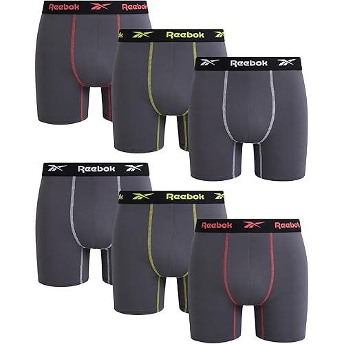 Reebok Mens Boxer Briefs - 6 Pack Athletic Stretch Moisture Wicking 6” Inseam Mens Underwear Boxer Briefs with Contour Pouch