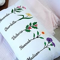 Vista 5 de Funda de almohada lumbar bordada con flores de nacimiento, personalizada con nombres y diseño floral, almohada de algodón suave con cremallera