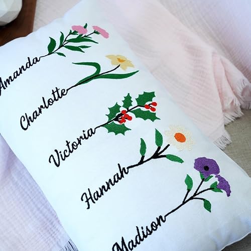 Miniatura 5 de Funda de almohada lumbar bordada con flores de nacimiento, personalizada con nombres y diseño floral, almohada de algodón suave con cremallera