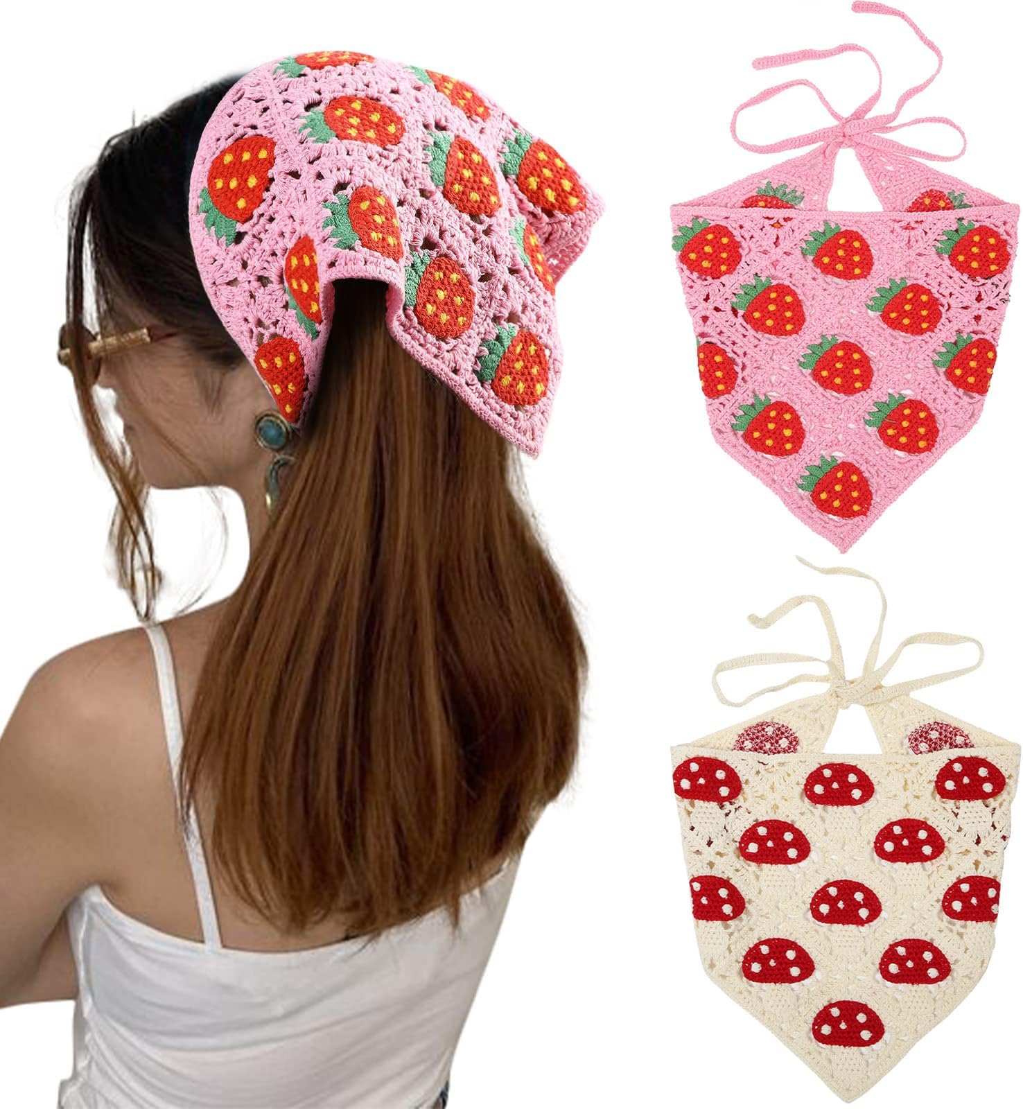 AWAYTR Crochet Bandana Head Kerchief Hair Scarf 2Pcs Knitted Scarves Tie Bcak Floral Headwrap for Women Girls