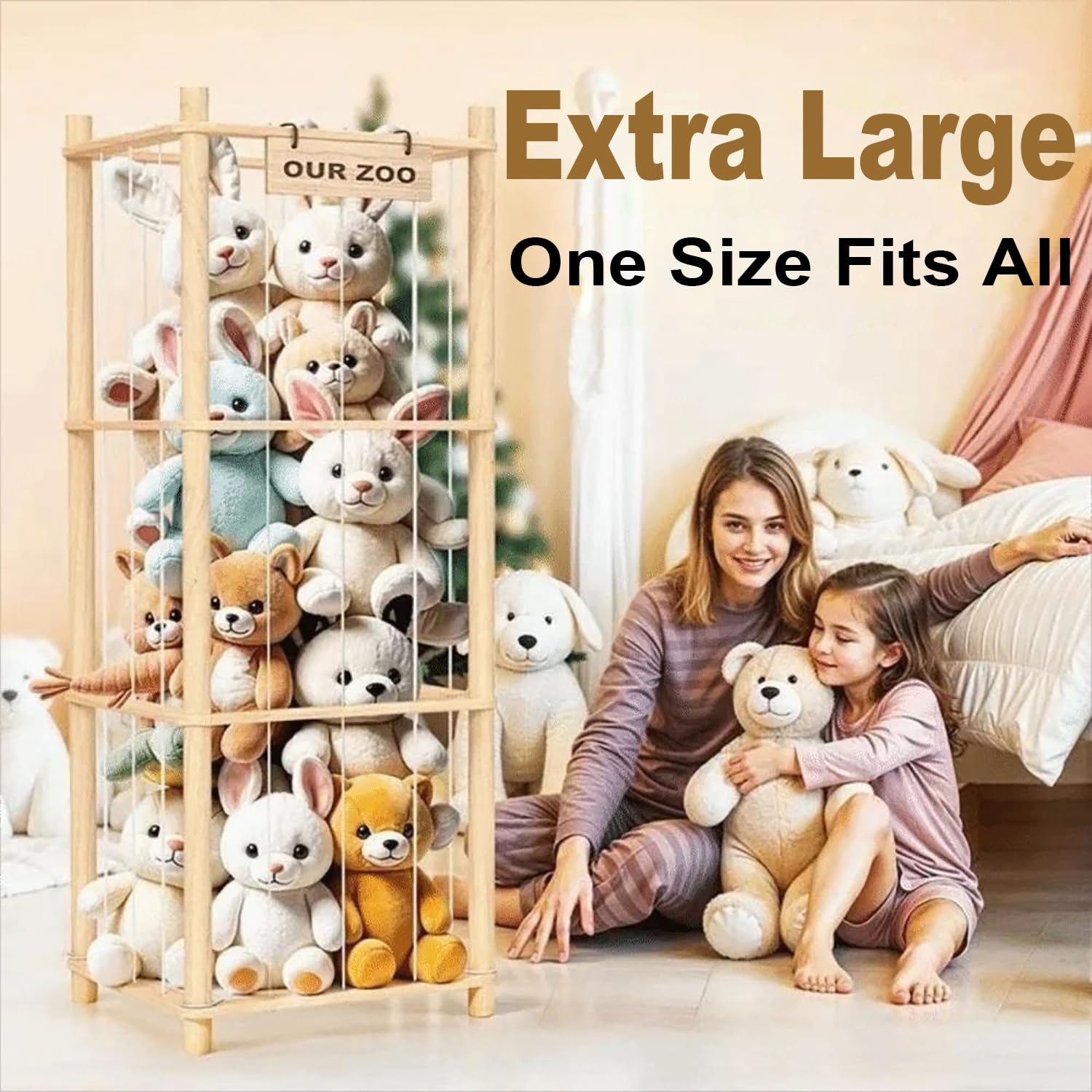 Ahatstor Porta Peluche In Legno Massello - Scaffale Salvaspazio Per Cameretta, 135x40x40 Cm, Con Corda Elastica - 7