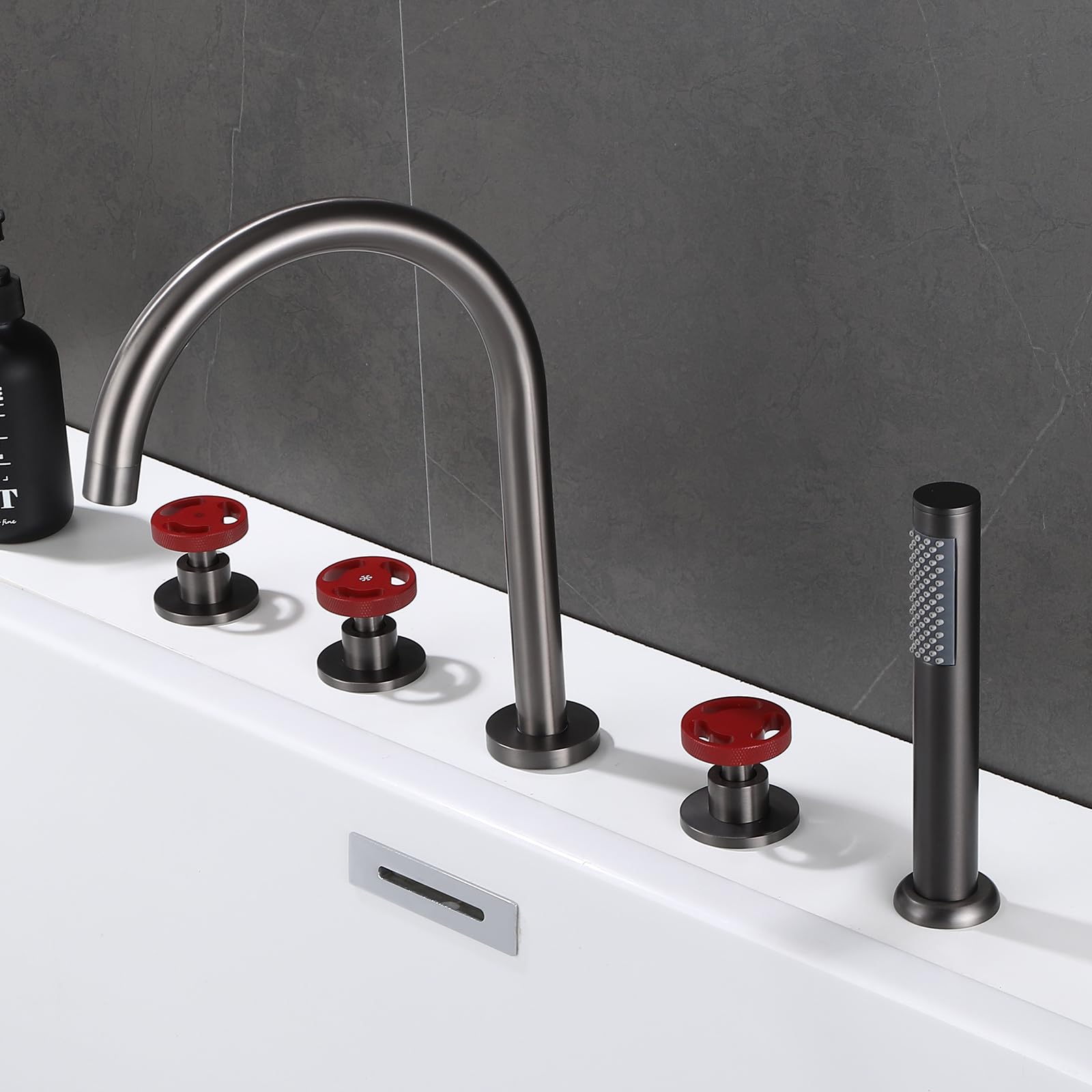 MYUYEE 5 Hole Bath Taps Set With Shower Bath Shower Mixer Tap Chrome 360 Swivel Spout Gooseneck Tap (Grey + Red)