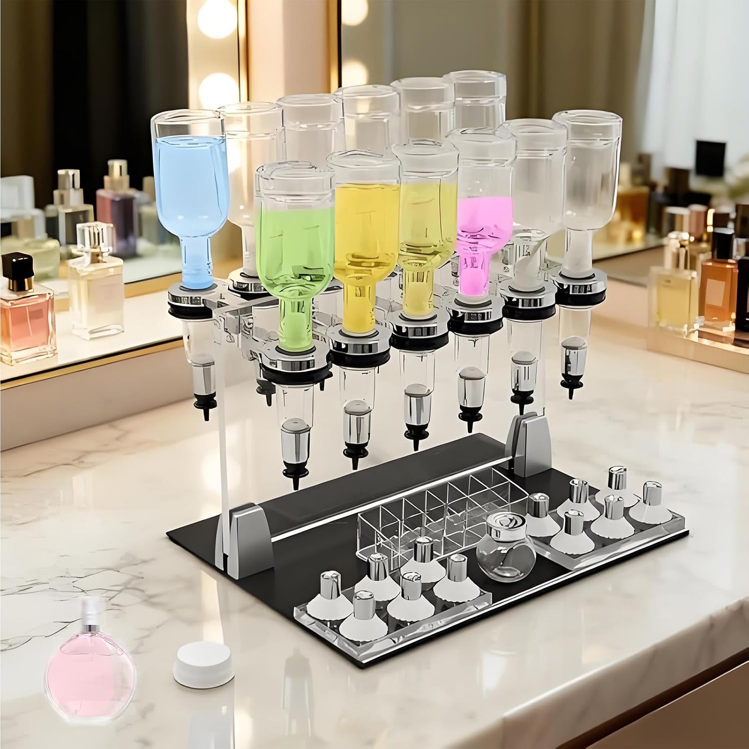 Adjustable Perfume Dispenser Kit - Precision Control Tester Rack & Liquid Filler - Black & Clear, Ideal for Home Fragrance, DIY Perfume Making, Sampling & Scent Experimentation