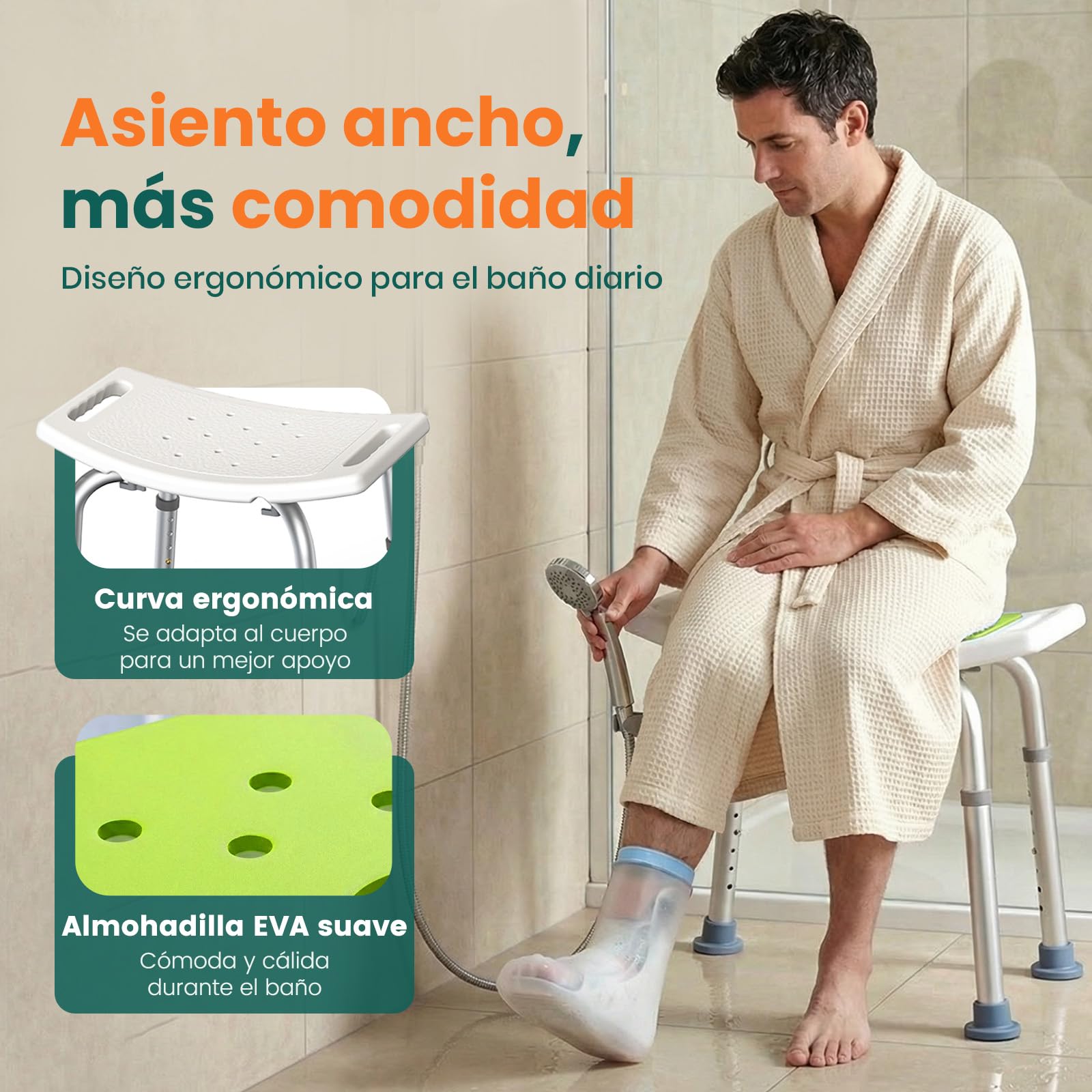 LC02 Taburete Ducha para Ancianos, Silla de Ducha Antideslizante Ajustable en Altura hasta 158 kg, Taburete Ligero con Aberturas de Agarre, para Discapacitados y Embarazadas
