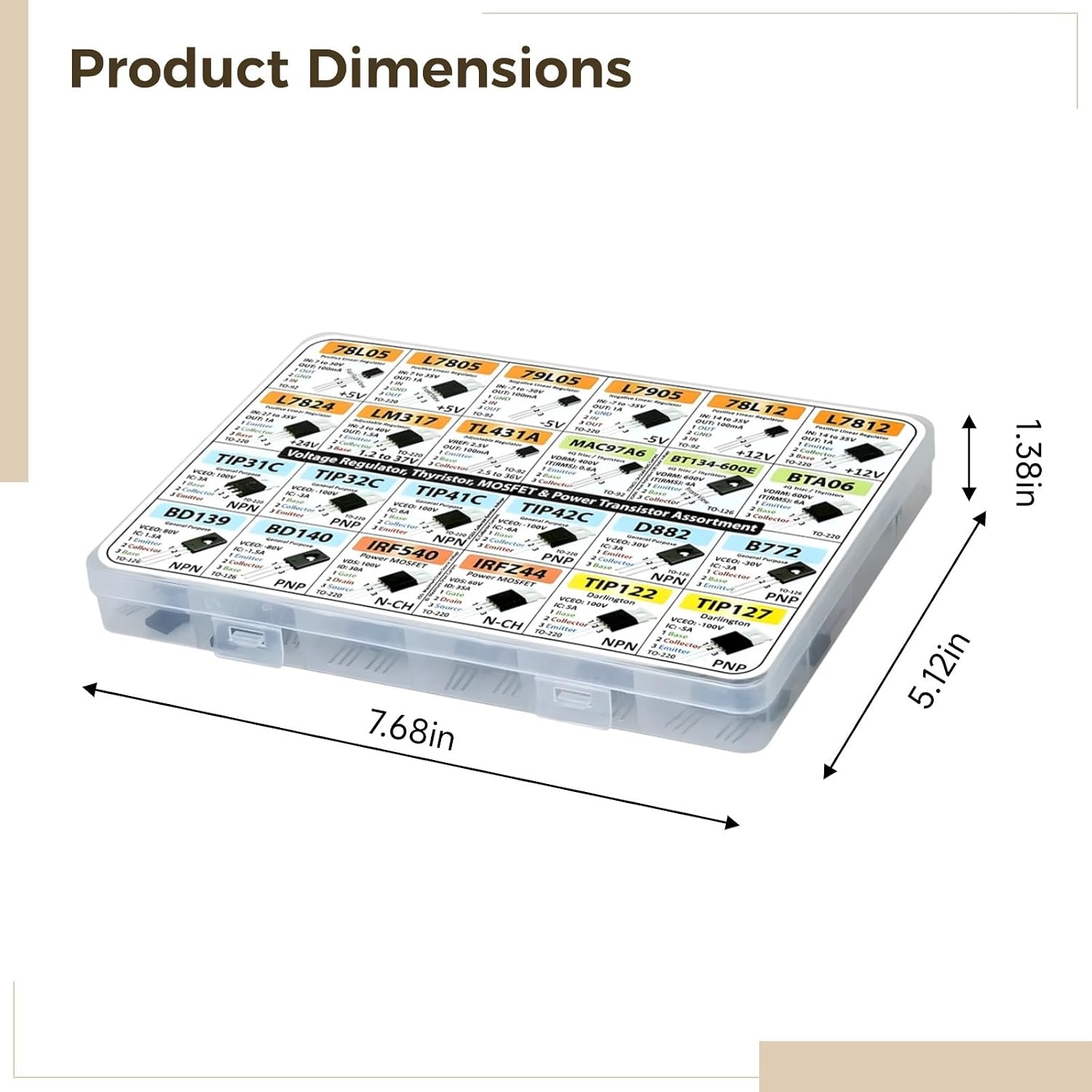 82-Piece Electronics Transistor Assortment, Includes Npn, Pnp, Mosfets, Voltage Regulators, Convenient Box Storage