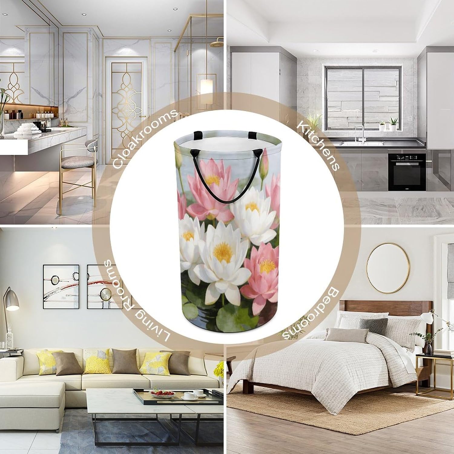 Clear Pond Lotus Rhythms Laundry Hamper 86L Waterproof Collapsible Clothes Basket with Double Handles Freestanding Foldable Laundry Basket Large Clothes Hamper for Bathroom