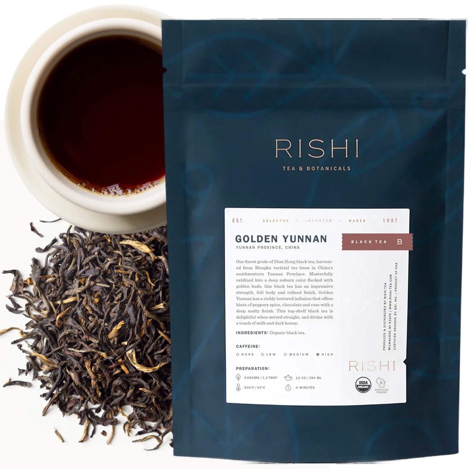 Rishi Tea Golden Yunnan Black Tea - Organic, Loose Leaf Tea, Smooth & Rich Ancient Chinese Tea, Energizing & Caffeinated - 16 Ounces, 56+ Servings