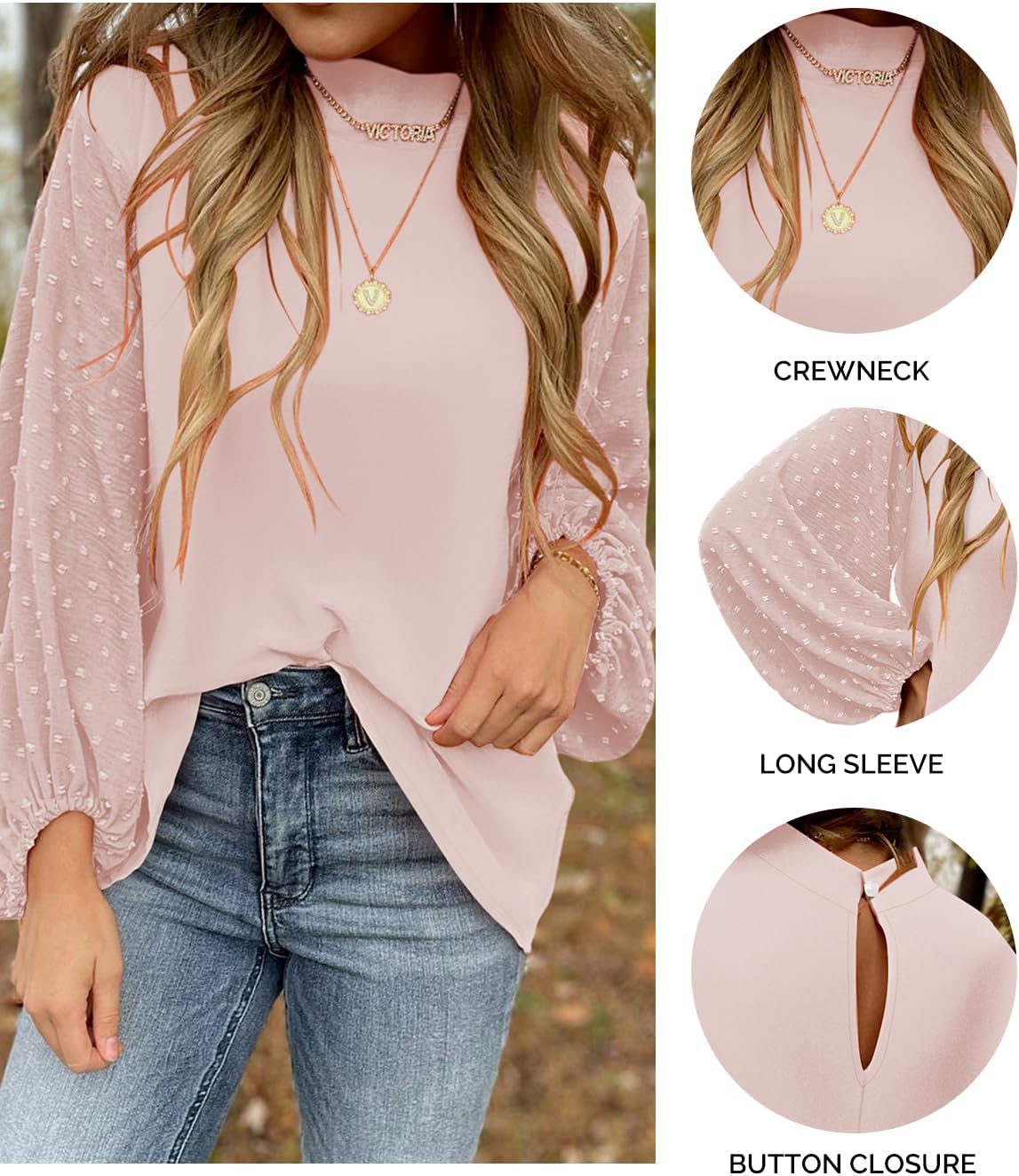 Samefar Womens Tops Dressy Casual Lantern Long Sleeve Blouses Swiss Dot Crew Neck Fall Tunic Dressy Loose Outfits - Image 5