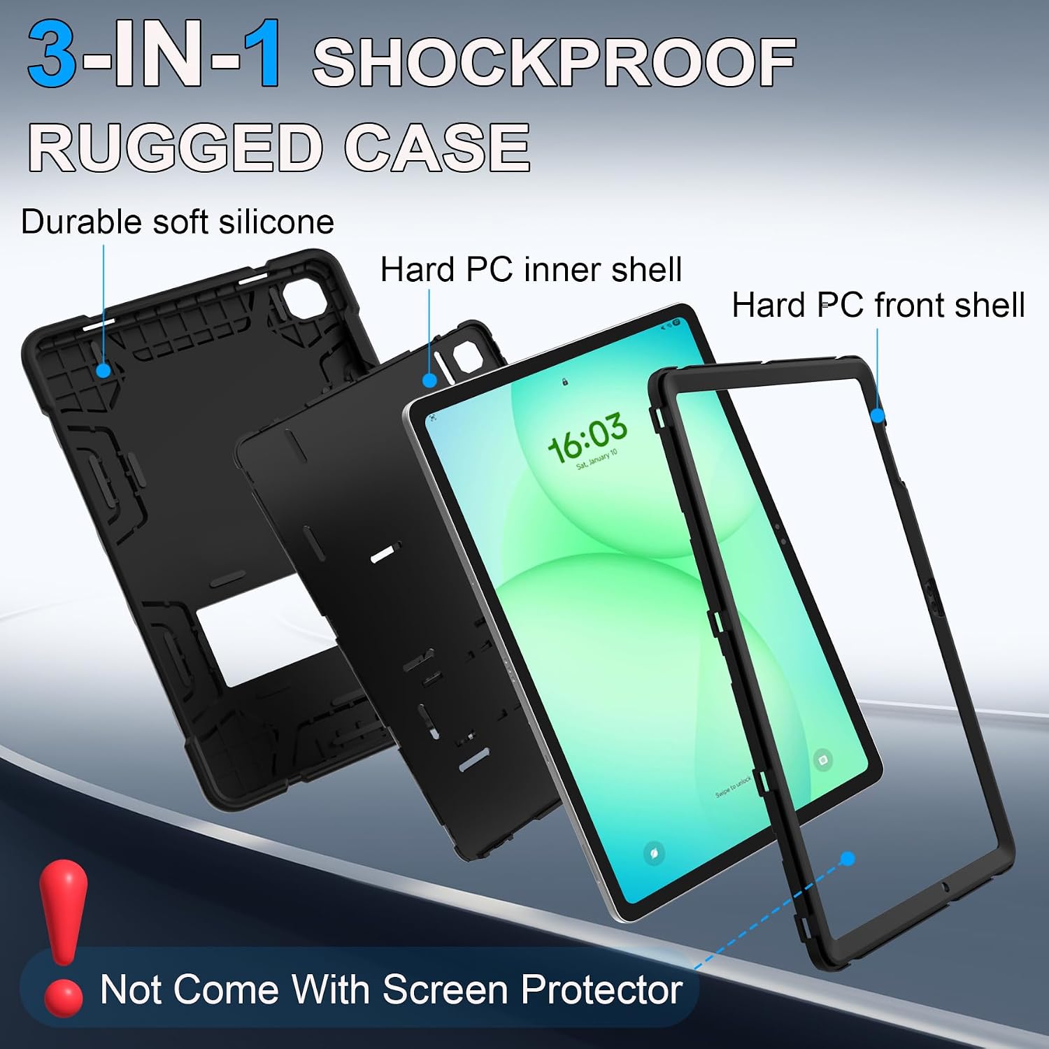 Military-Grade Case for Samsung Galaxy Tab A11+ / A9+ 11", [3-Layer Shockproof] Rugged Heavy Duty Protective Cover with Sturdy Kickstand for Galaxy Tab A9+ / A11+ SM-X230 X235 X210 X216,Black