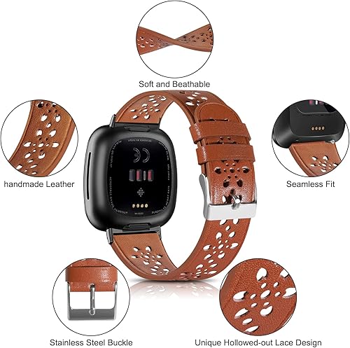 Miniatura 2 de Correas de cuero compatibles con Fitbit Versa 3 BandsVersa 4 BandsSense 2Sense 1 Band Mujeres Hombres, Correa de repuesto de encaje floral hueco