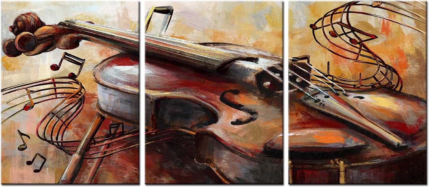 sechars 3 Pieces Music Wall Art Abstract Violin Painting Canvas Prints Rustic Musical Instrument Artwork for Home Living Room Bedroom Music Classroom Vintage Decoration Ready to Hang (Small)