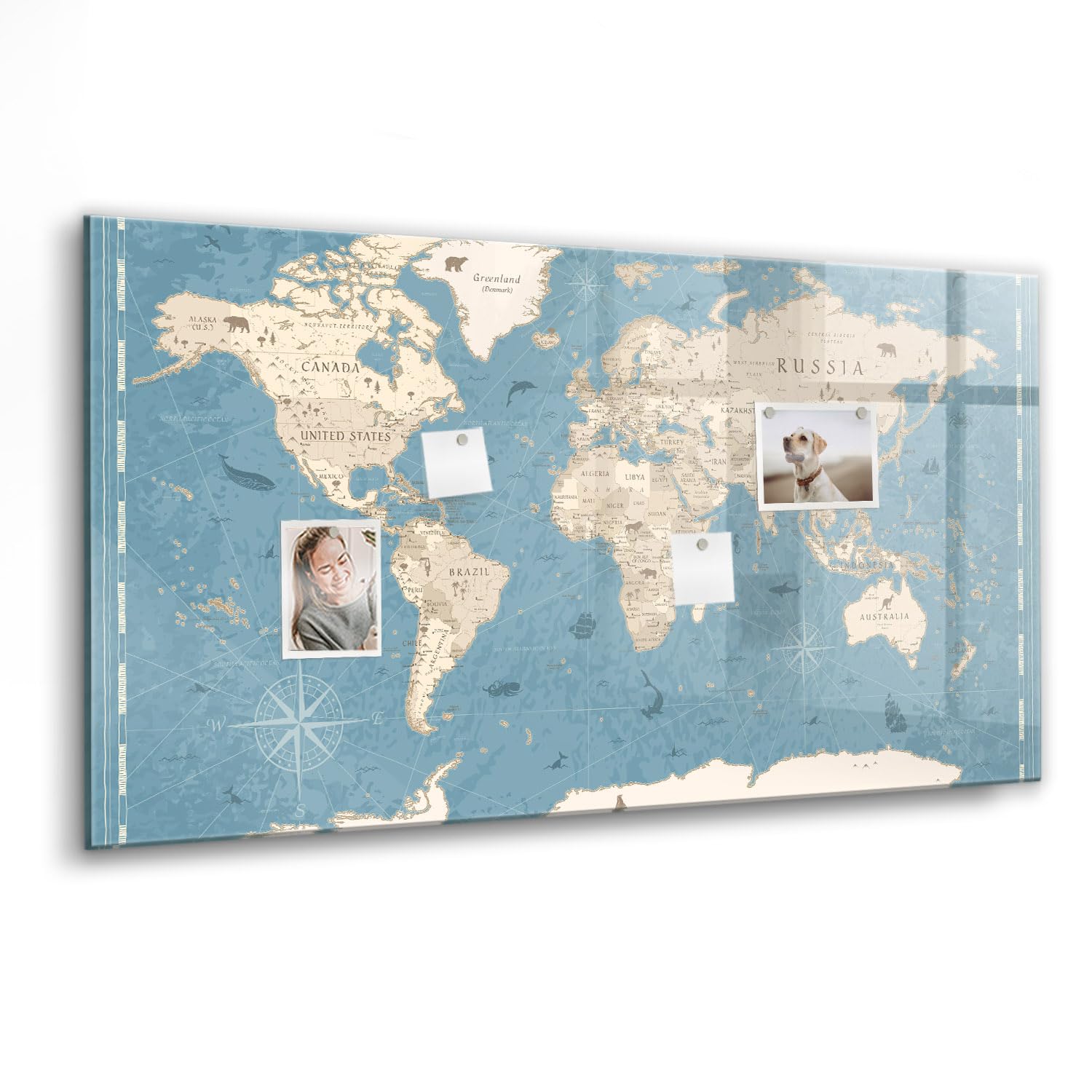 Whiteboard Glas magnetisch inkl. Neodym-Magnete, Marker & Schwamm | Stylisch, kratzfest & leicht zu reinigen | Ideal für Organisation & Teams- 120x60 - Vintage-Weltkarte