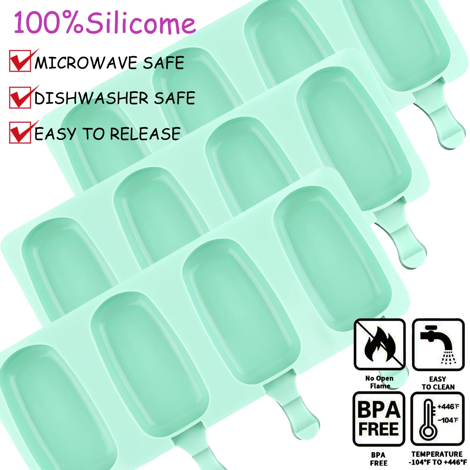 Set di 3 stampi grandi in silicone per ghiaccioli, 4 cavità, stampi ovali per gelato, gelato, torte, torte, con 100 bastoncini di legno, 100 sacchetti e 100 fascette a torsione (verde)