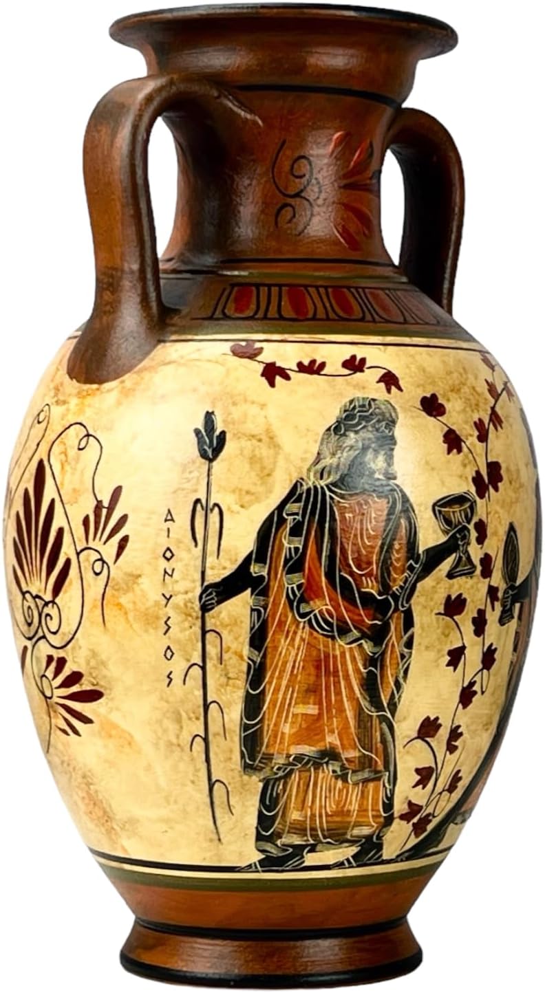 Ancient Greek Vase Amphora Goddess Athena & Aphrodite & God Dionysus 10.24'' Handmade Ceramic Red & Orange Round Vase