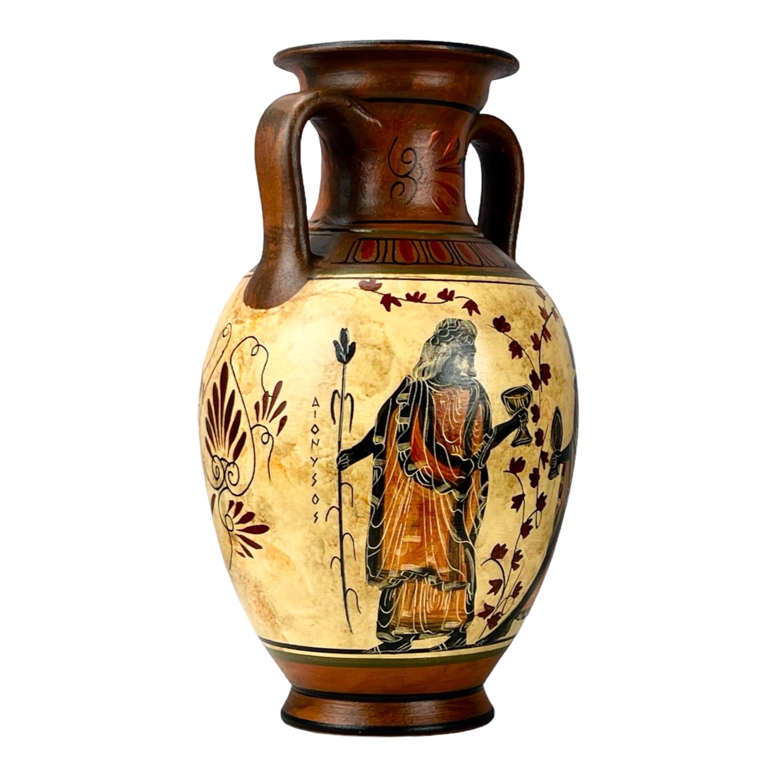 Antike, griechische Vase, Amphore, Göttin Athene, Aphrodite und Gott Dionysos, handgefertigt, Keramik, rund, Rot und Orange, 26 cm