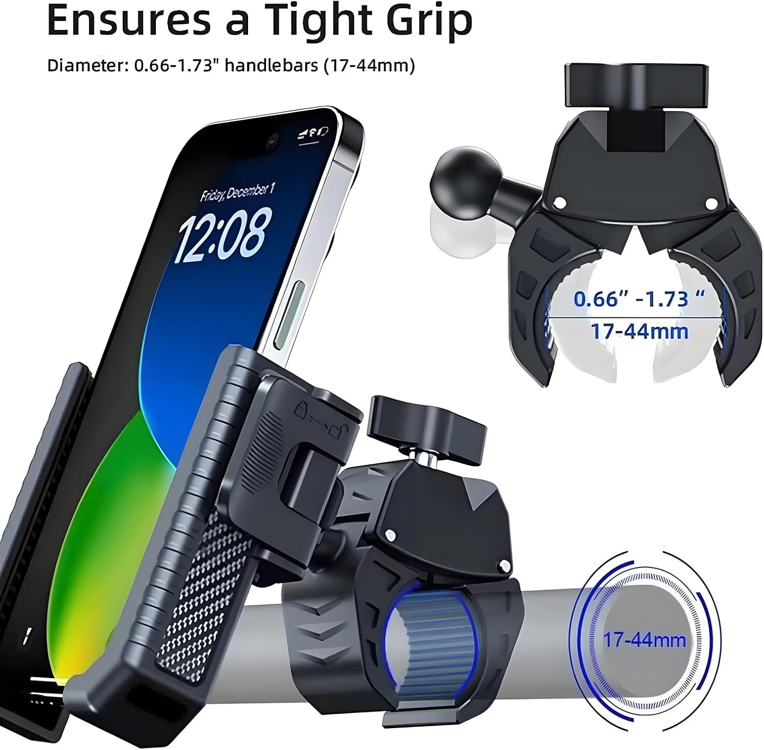 Bike Phone Mount Holder, Motorcycle Phone Mount Handlebar Clamp One-Hand Release & Quick Lock - 360 Degree Rotation Compatible with iPhone & Android Smartphones from 4.5"-7",Black 89001A