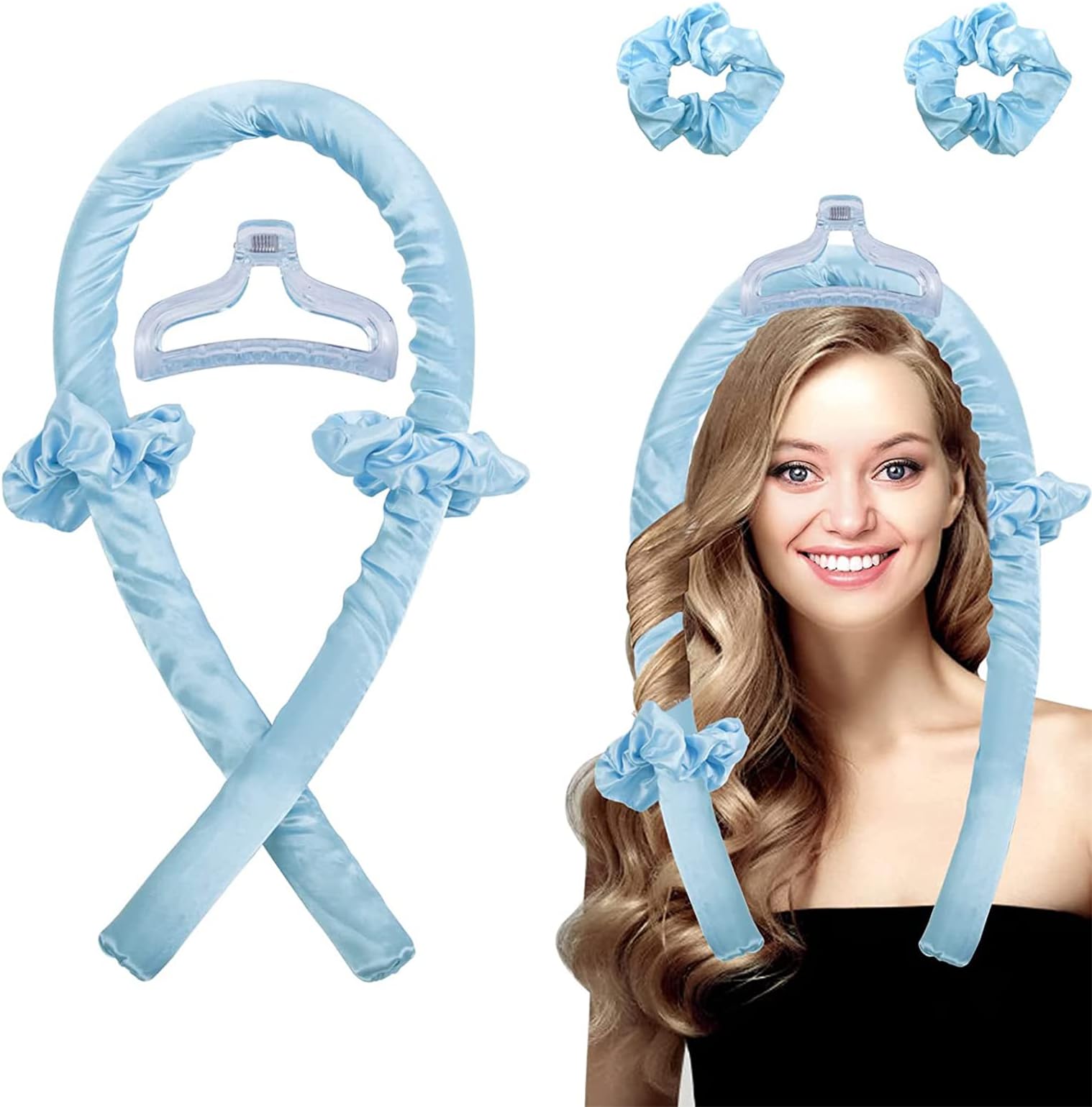 Heatless Curling Rod Headband,Lazy Hair Curler,No Heat Silk Curlers,Soft Rubber Hair Rollers,Curling Ribbon and Rods for Natural Hair,Hair Waver Hair Curling Kit for Natural Waves (BLUE)