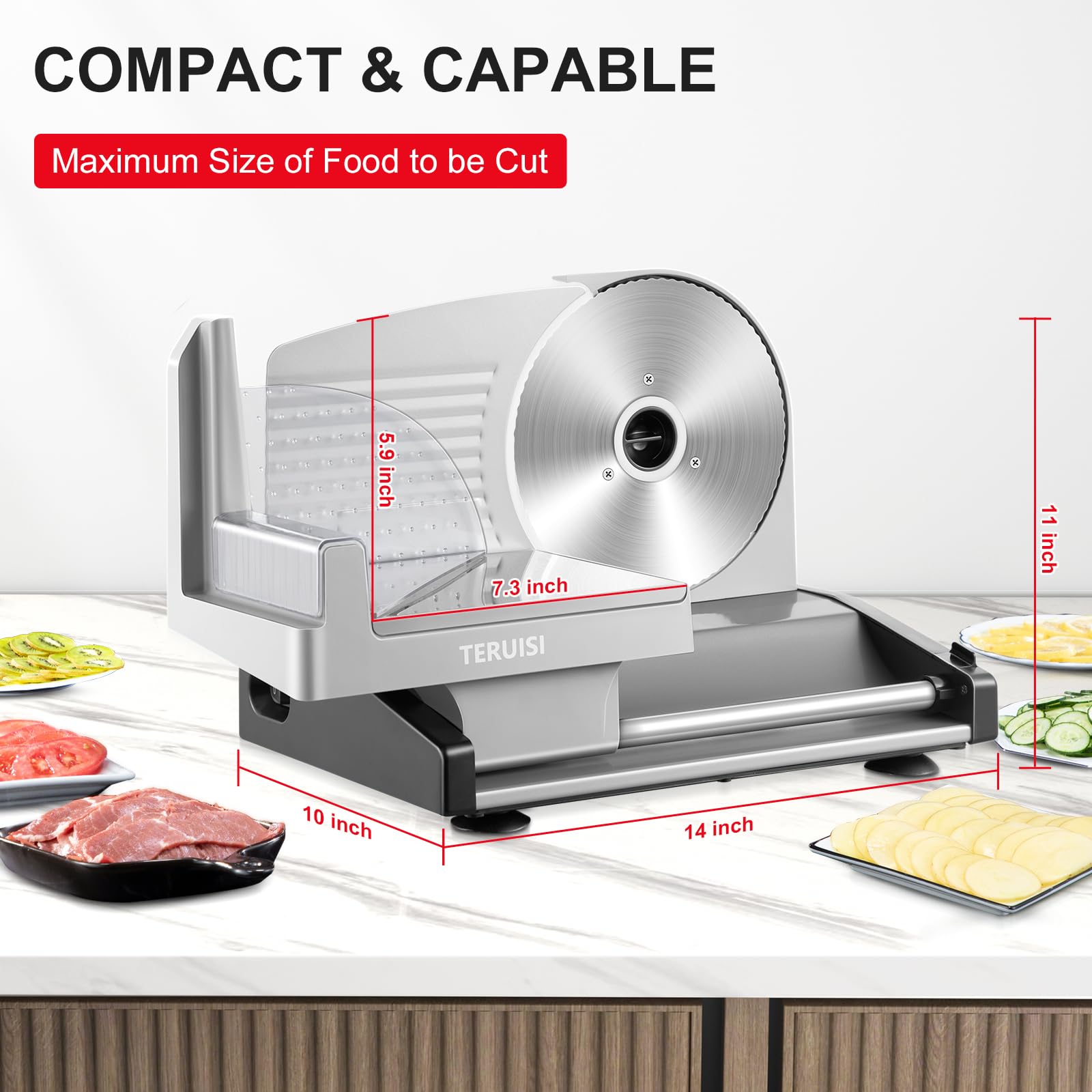TERUISI Meat Slicer, 200W Electric Deli Food Slicer with 2 Removable 7.5'' Stainless Steel Blades and Tray, 0-15mm Adjustable Thickness For Home Use, Easy to Clean, Cuts Meat, Bread and Cheese
