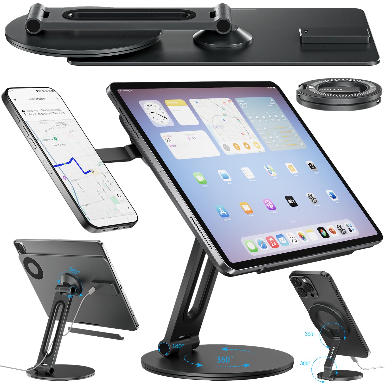 Supporto di ricarica wireless magnetico 2 in 1 per iPad Pro 12.9 e iPad Air 13 (M3/M2) con supporto per telefono MagSafe per iPhone 17-12, supporto da tavolo regolabile in alluminio multi-angolo per