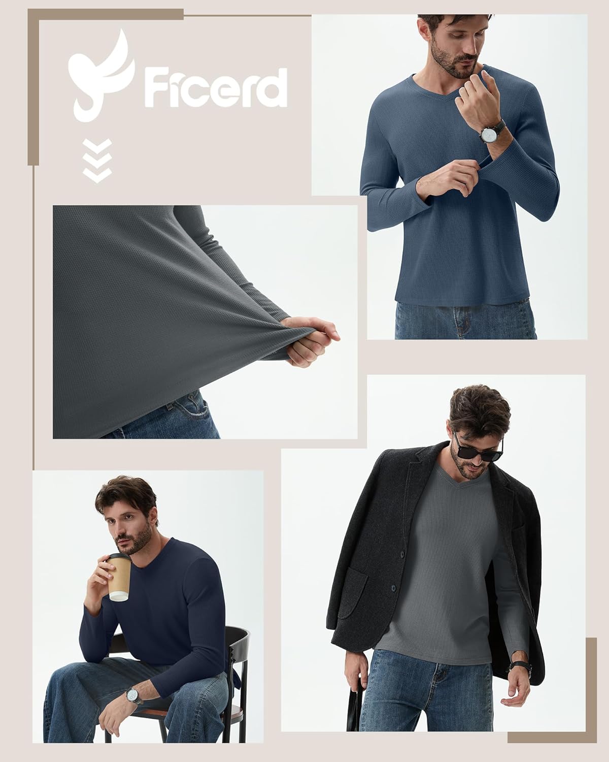 Ficerd 3 Pack Men's Waffle Thermal Long Sleeve Shirts V Neck Underwear Tops Casual Knit Undershirts Pullover Sweaters