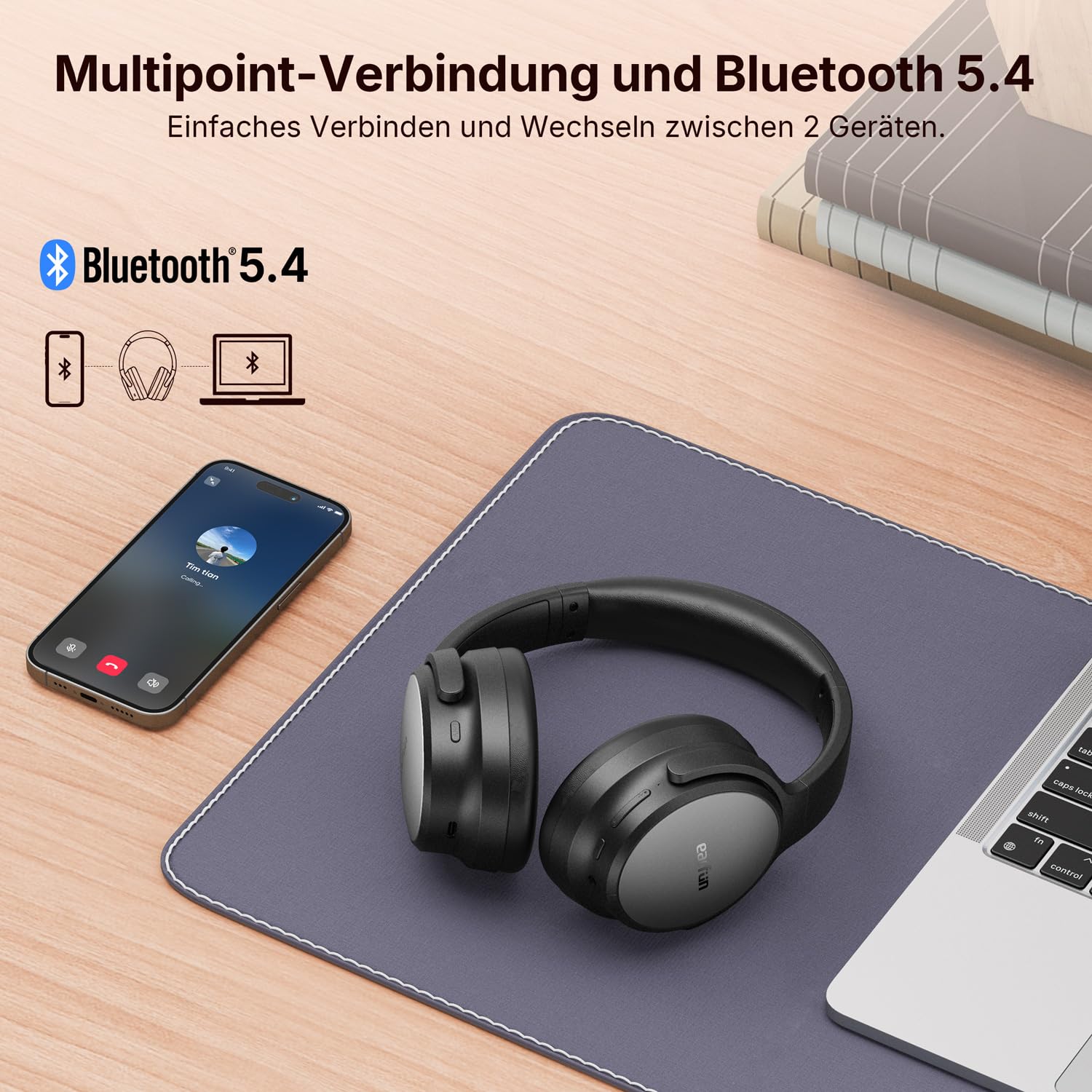 EarFun Tune Pro Over-Ear Kopfhörer Kabellos, Aktiver Geräuschisolierung, Dual-Dynamic-Treibern, Hi-Res Audio, 120 Std. Akku, Bluetooth 5.4 Kopfhörer mit 5 KI-Mikrofone, Multipoint, APP, Theatermodus