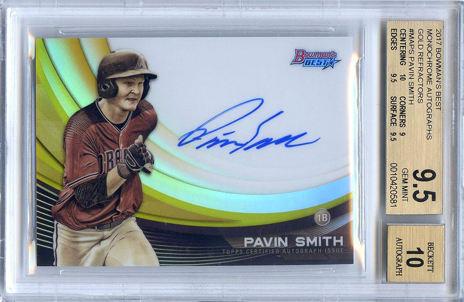 Pavin Smith Arizona Diamondbacks 2017 Bowman's Best Monochrome Autographs Gold Refractor Autographed Baseball Card 17/50 Beckett Certified Graded BGS Gem Mint 9.5