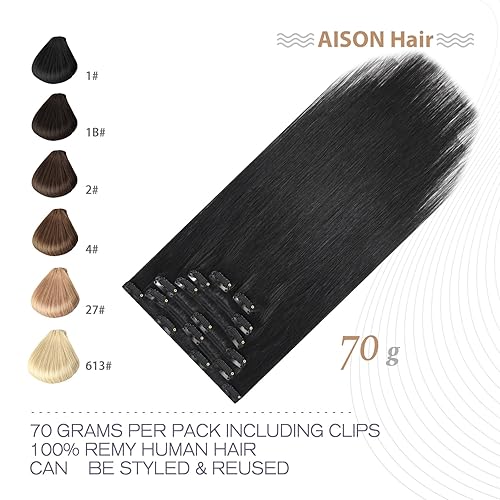 Miniatura 2 de Aison Extensiones de cabello humano real de color negro natural, 2.47 onzas, 100% Remy, extensiones de cabello humano Remy suave y sedoso, 7 piezas,