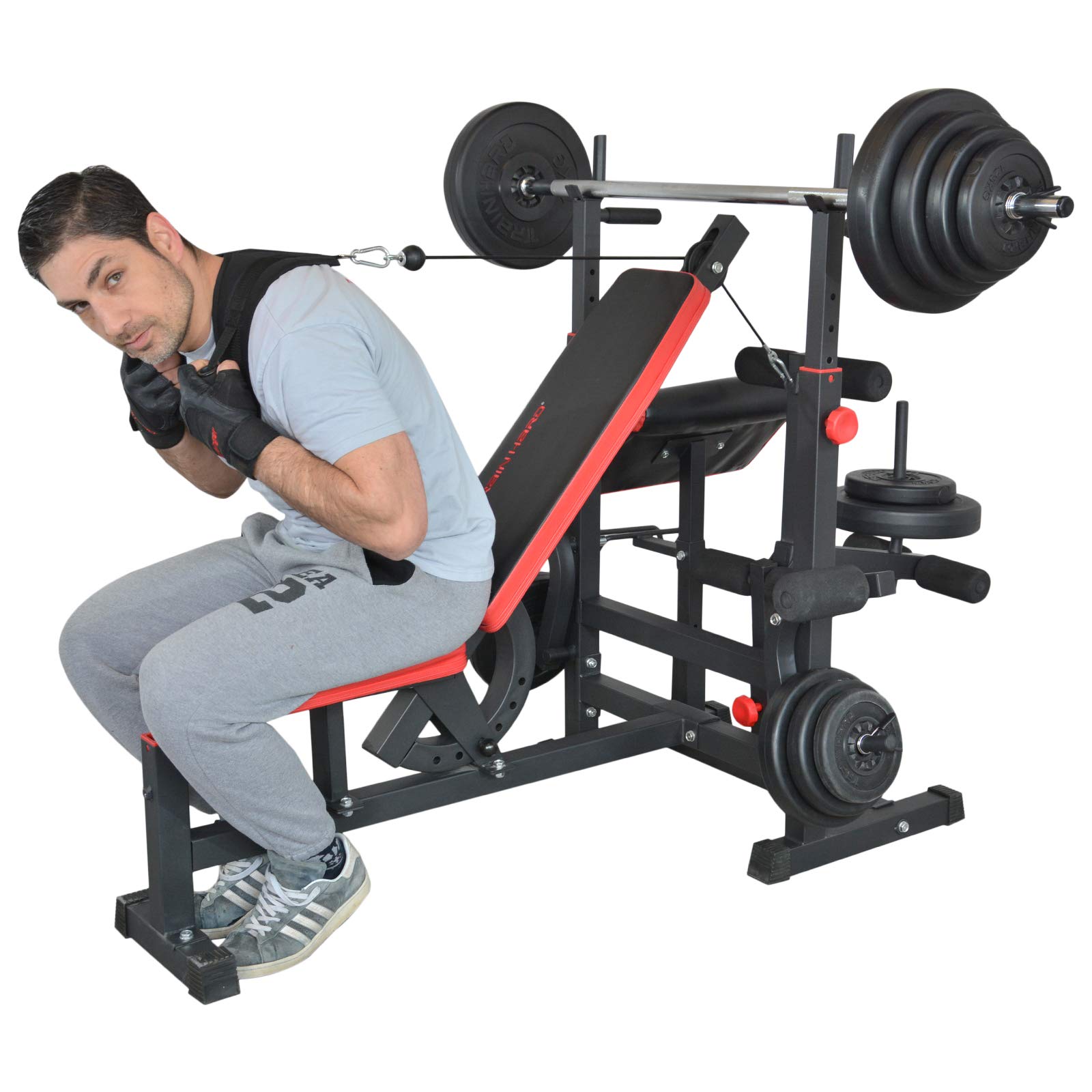 TrainHard Kraftstation Fitnesscenter Hantelbank mit vielseitigen Trainingsmöglichkeiten schwarz/rot