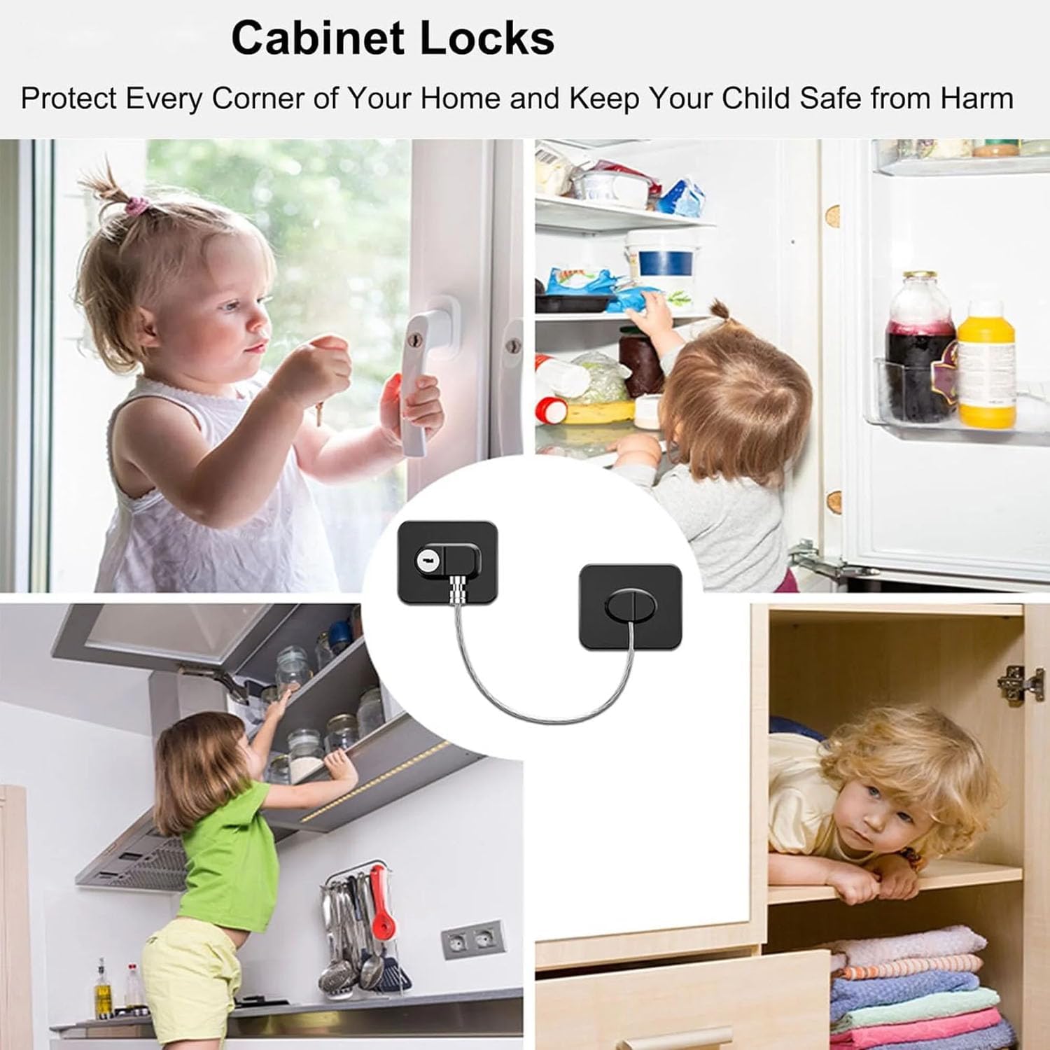 Cabinet locks baby proofing(2 Pack),Refrigerator Lock with Keys,for Fridge, Cabinet, Drawers, Dishwasher, Toilet and Child Safety Cabinet, 3M Adhesive No Drilling (Black)