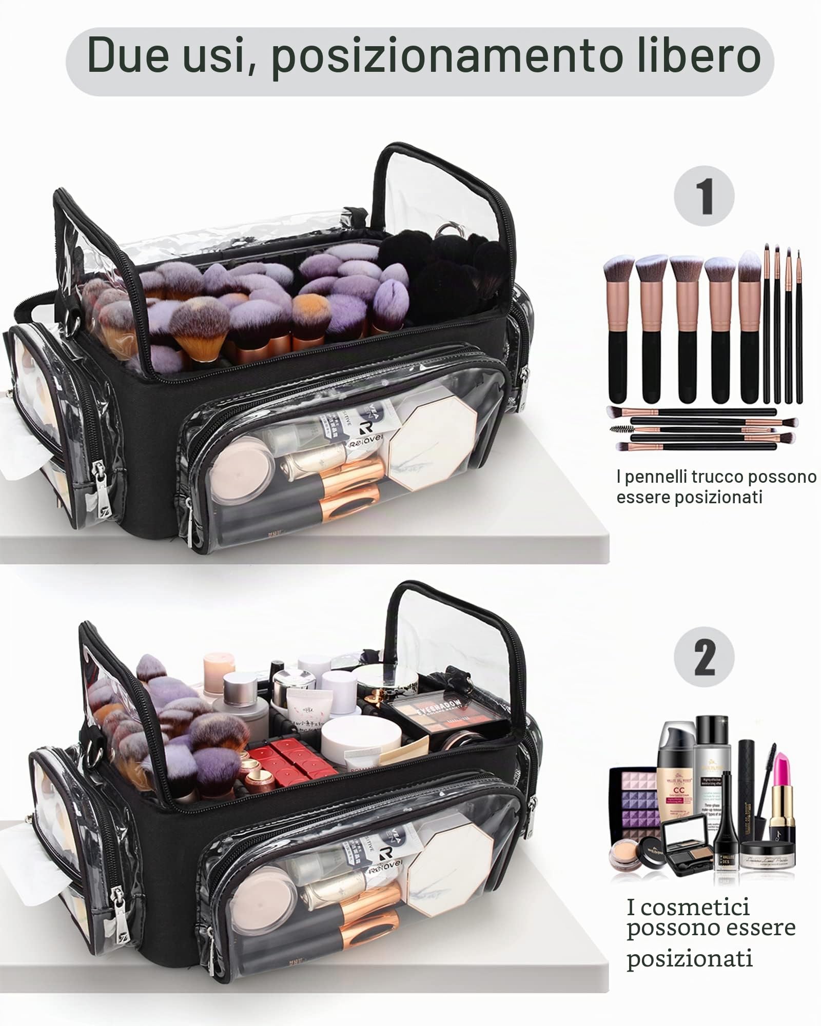 Relavel Borsa per Pennelli da Trucco Extra Grande, Professionale, Artista, da Viaggio, Trasparente, Impermeabile, Nero, Contenitore per Cosmetici