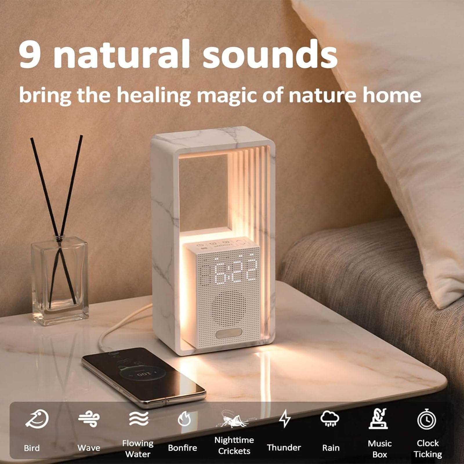 Sonnenaufgangswecker mit Nachtlicht, Dimmbares Display, Einschlafhilfe-Töne, automatische Abschaltung, USB-Ladeanschluss, ideal für zu Hause oder auf Reisen