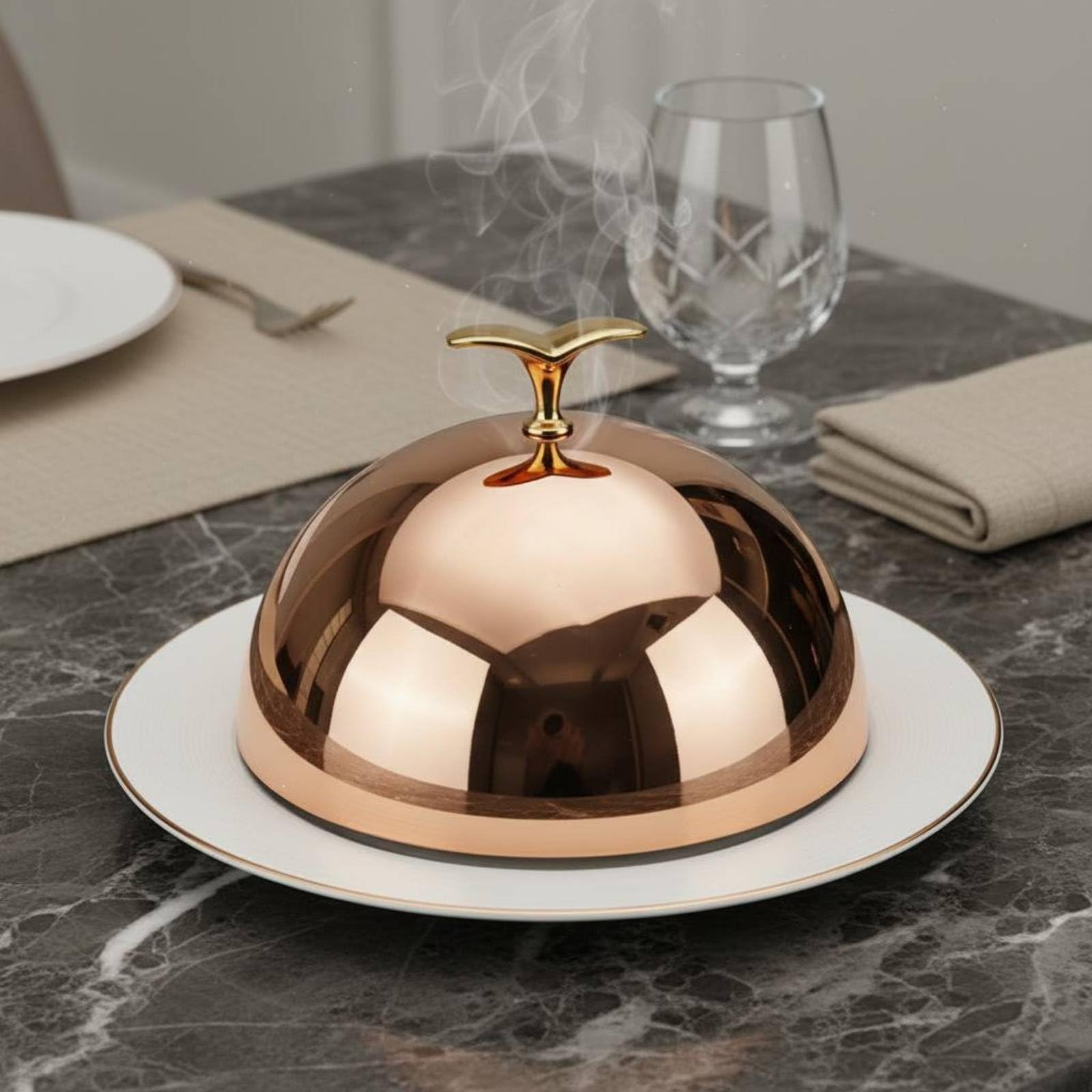 Cubierta para Plato de Acero Inoxidable Campana para Comida Tapa de Bandeja Cloche para Servir con Acabado Resistente al Deslustre Función de, Oro Rosa, 35CM