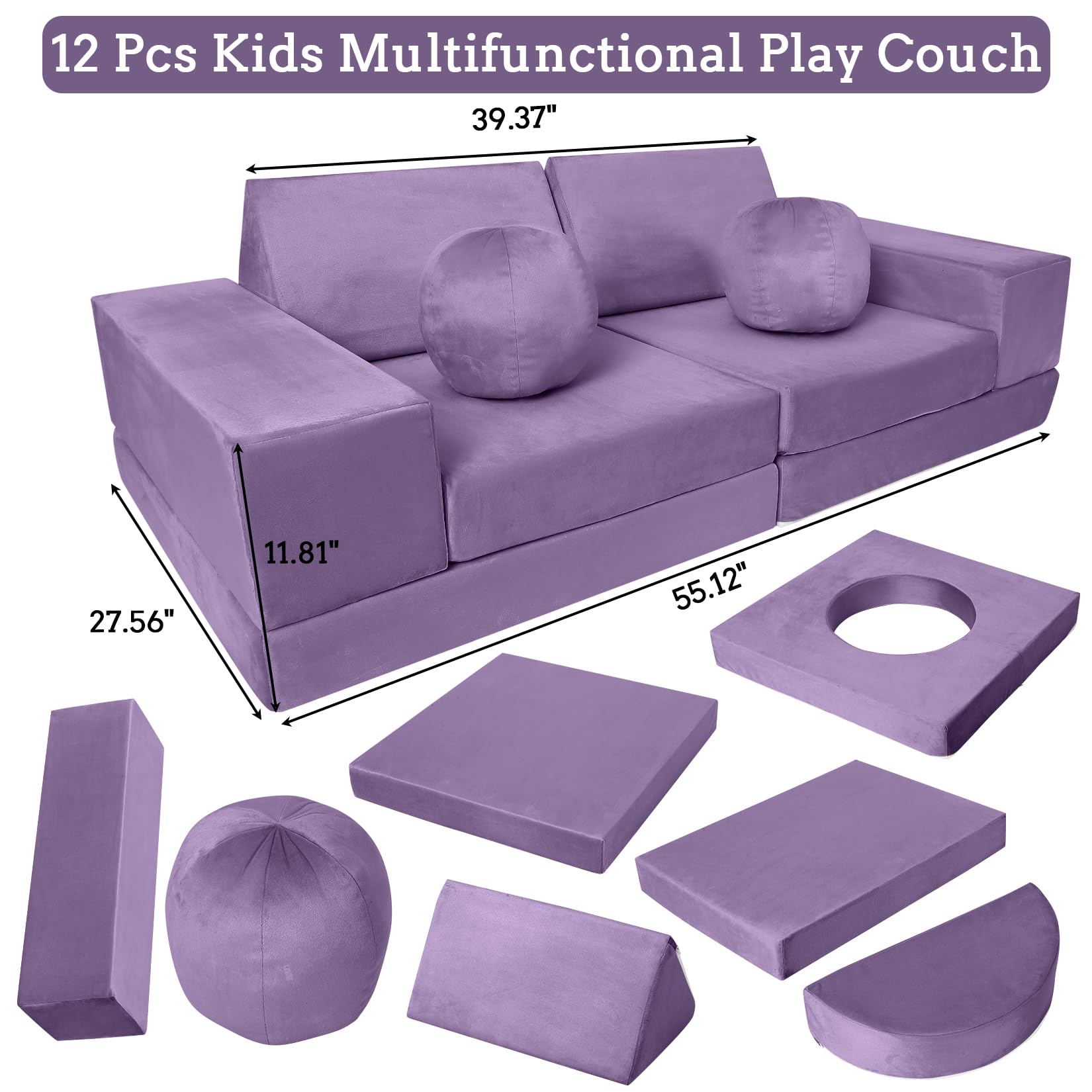 Garvee Sofá Modular De 12 Piezas para Niños: Sofá Seccional DIY para Sala De Juegos, Dormitorio y Guardería. Espuma Suave, Plegable, Funda Extraíble, Muebles Creativos para Niños y Niñas, Púrpura.