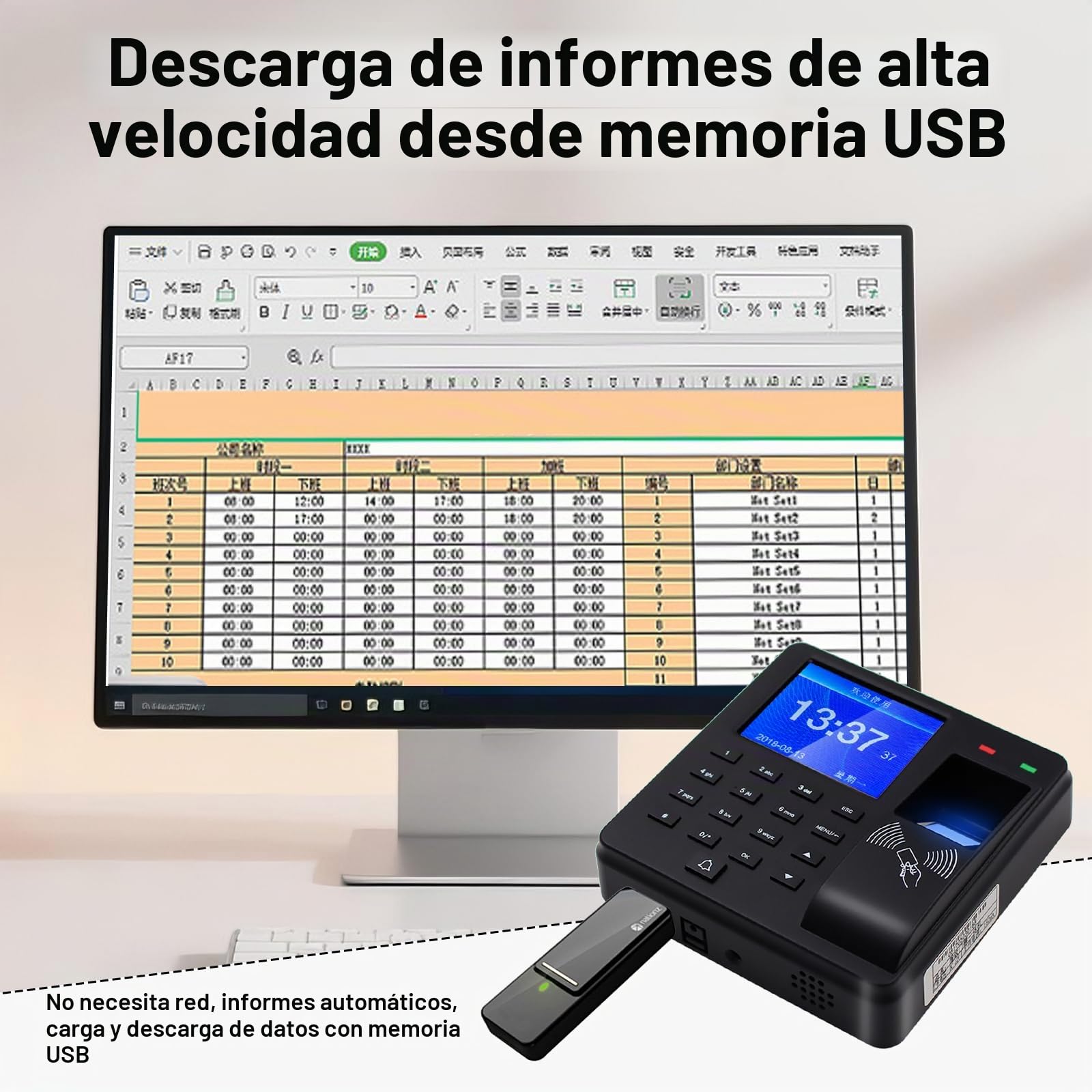 Control Horario Empleados para Pequeñas Empresas, Maquina Asistencia Empleados con Huella Dactilar, RFID y Pin, Equipado con 10 tarjetas RFID, Capacidad para 1000 Huellas Dactilares, 25 Idiomas