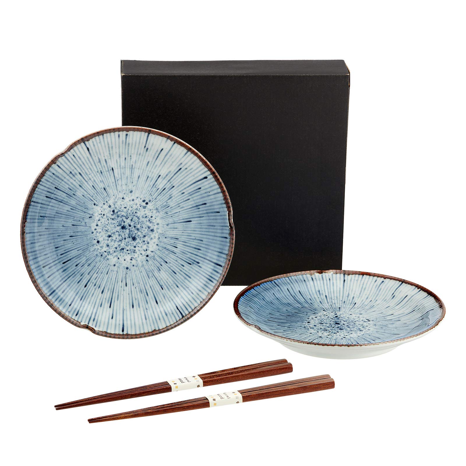 2 er Teller Geschenk Set HANABI inkl. japanischen Essstäbchen in Geschenkbox hergestellt in Japan Porzellan in Weiß Blau Ø 22,2