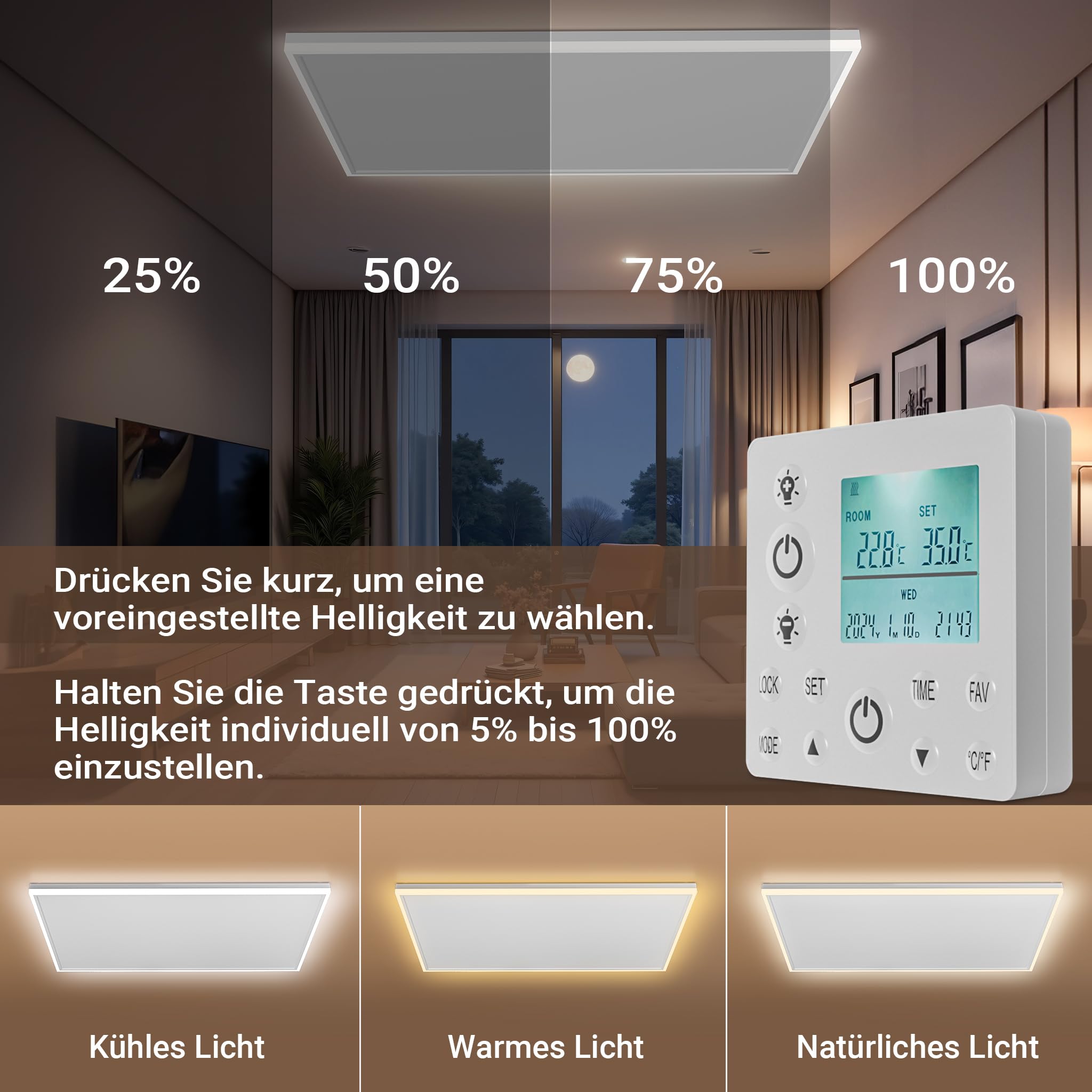 Wiltec Infrarot Deckenheizung 370 W, Infrarotheizung Deckenmontage mit LED-Beleuchtung 65,5 x 63 x 3,5 cm, Infrarot Heizung mit Thermostat