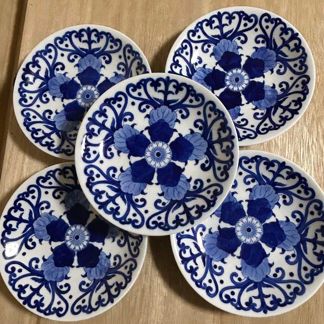 深川製磁 染付菊唐草 皿 プレート 2枚 ペア 共箱 深川製