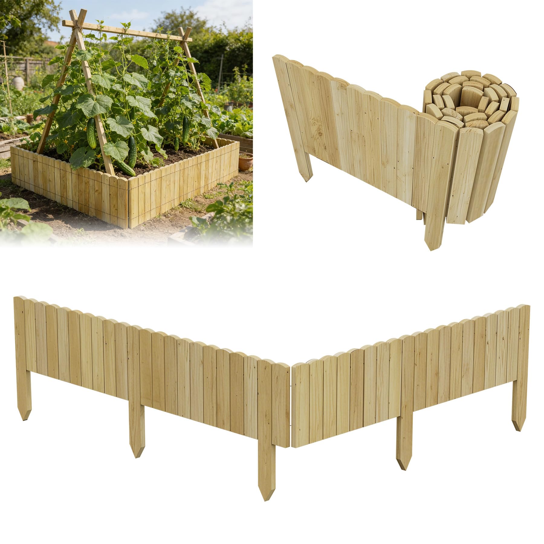 ACXIN Valla de madera enrollable de 200 cm de largo, 30 cm de alto, madera de pino, cercado para arriates y arriates, para jardín, valla de estacas, borde de césped para macizos de flores, zonas de