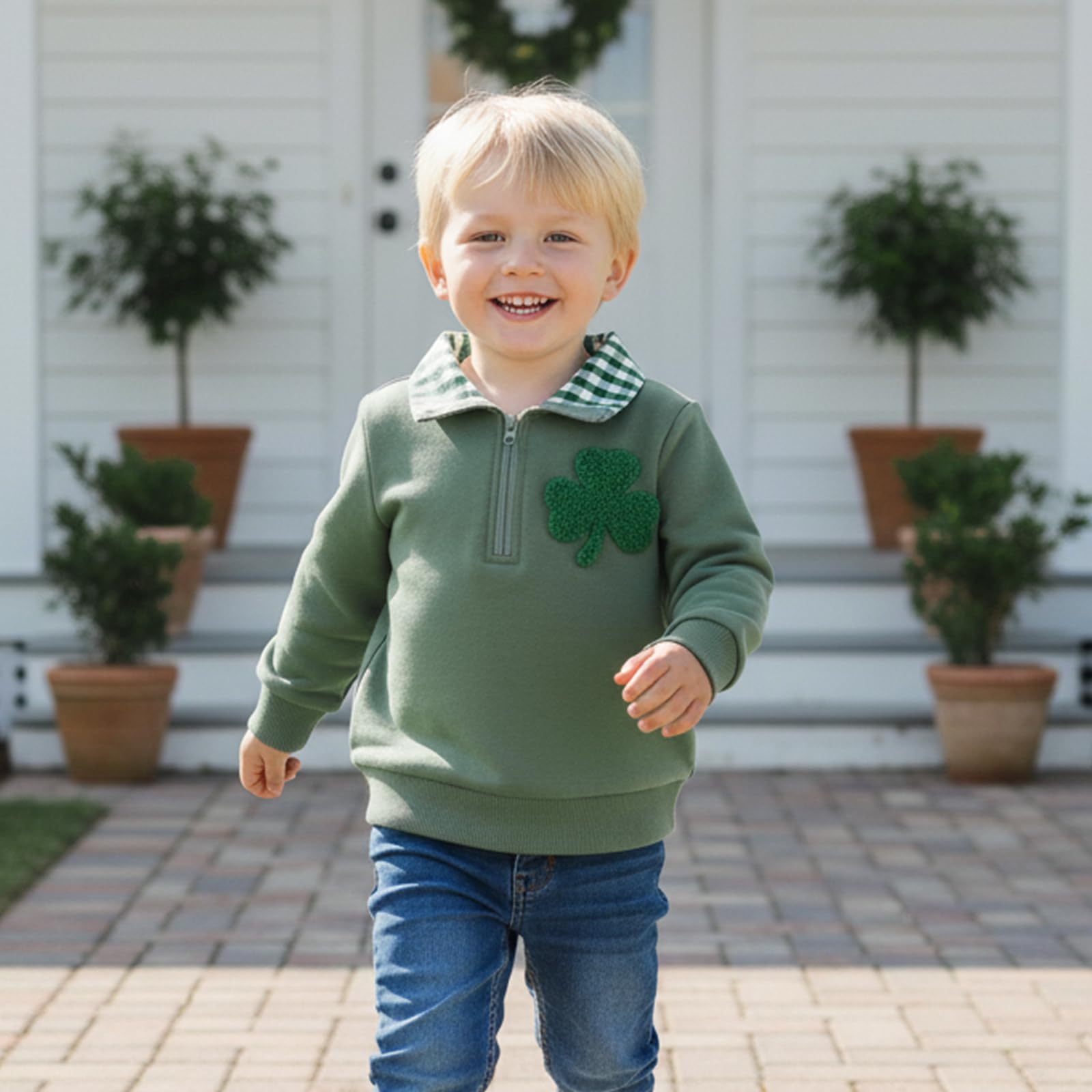 Geagodelia Enfants St Patrick Printemps Bébé Garçon Tops Trèfle Broderie Revers Manches Longues Tenue Élastique Vêtements Pull Ample Sweatshirt Tops