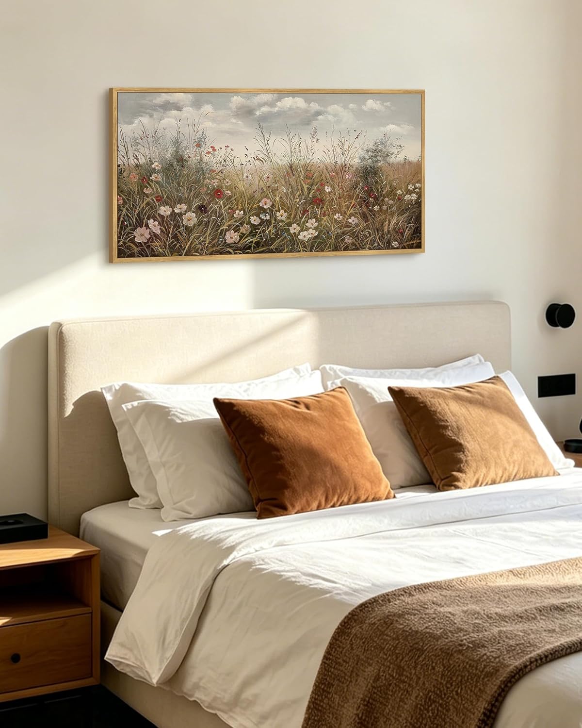 KUVIOKE Vintage Landscape Framed Wall Art 20x40in Large Meadow Wildflower Field Wall Prints Classic Retro Farmhouse Rustic Decorations for Living Room Bedroom (Natural Framed)