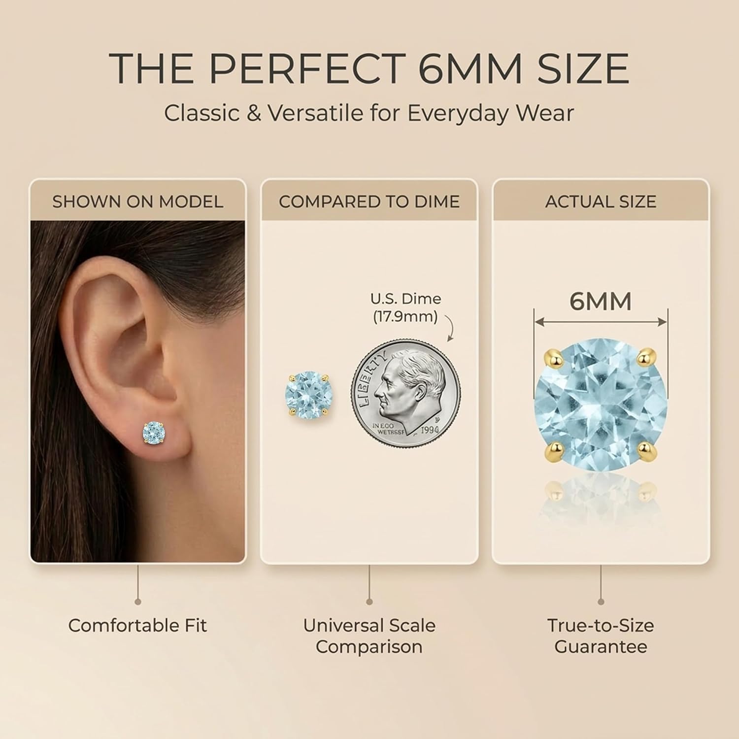 14k Gold 6MM Round Stud Gemstone Earrings | Hypoallergenic Solitaire Gemstone Studs with 14K Gold Backs | Lightweight Birthstone Earrings with Gift Box by MAX + STONE - Image 4
