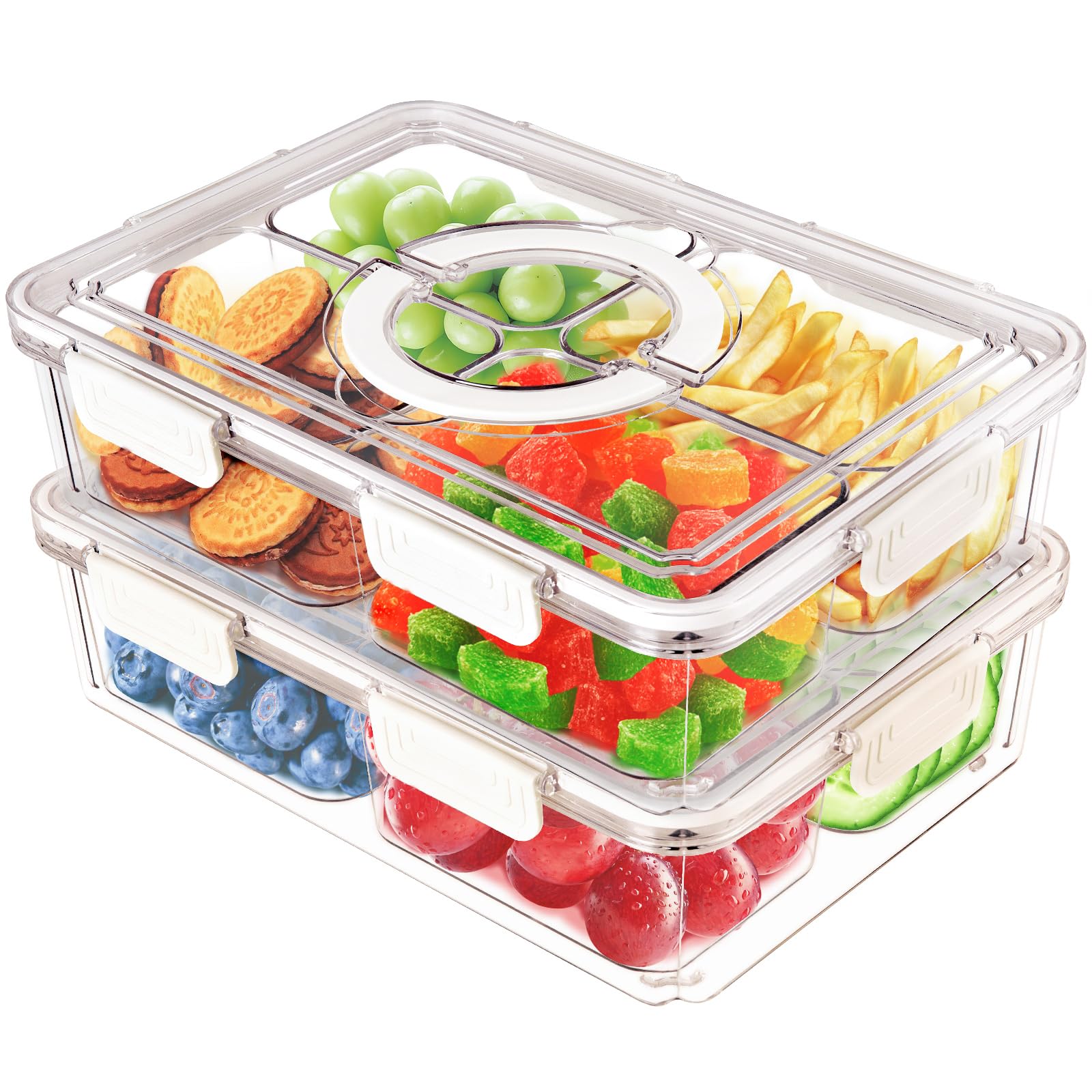 2 bandejas divididas para servir con tapa y asa, 4 compartimentos extraíbles, contenedor de charcutería, contenedor hermético para aperitivos, contenedor de almacenamiento de frutas sin BPA para