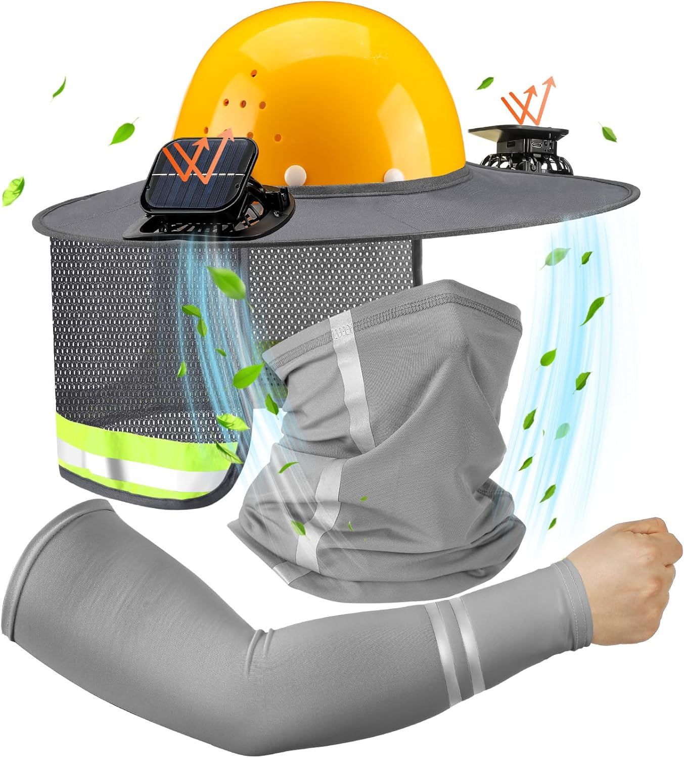 1 Set Sun Hard Hat Shade Full Brim Hard Hat Sun Visor with Solar Fans and Neck Sunshade Cover UV Reflective Strap Arm Sleeves Summer Protection Accessories