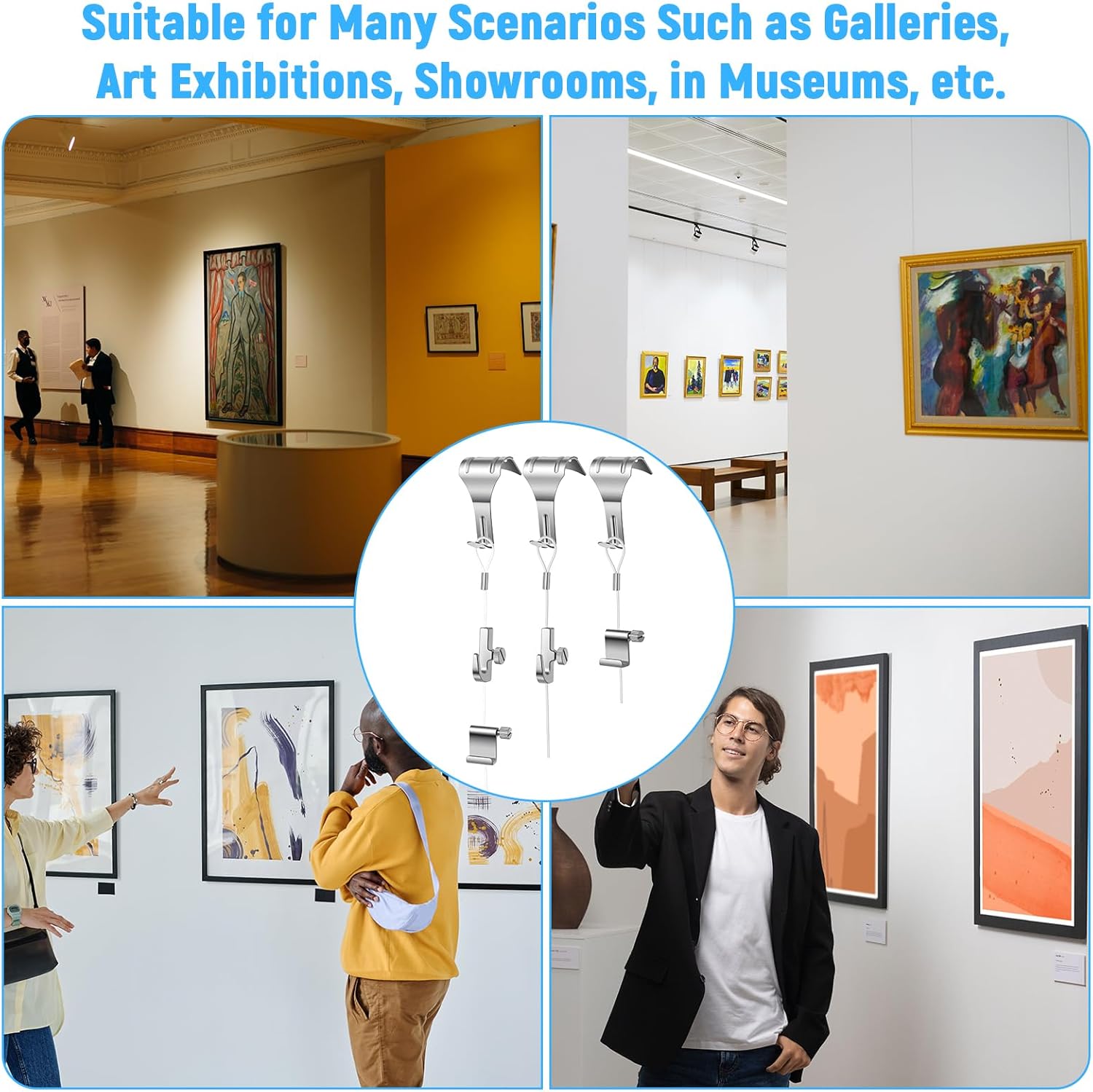 10 Pcs Picture Rail Hanging System Kit, Gallery Set with Picture Rail Molding Hooks, Invisible Wire & Adjustable Hooks, Professional Art Hanging System for Exhibition, Art Gallery Supplies
