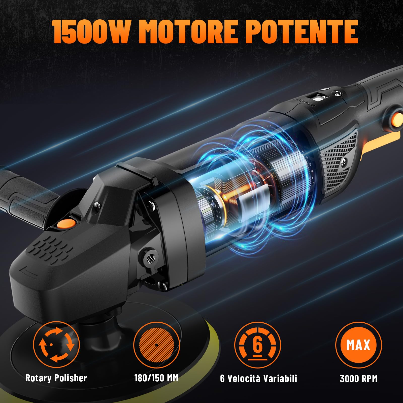 PLS03A Lucidatrice per Auto 1500W, Lucidatrice Rotativa 180 mm/150 mm, 6 Velocità Variabili (600–3000 giri/min), Manico Rimovibile, Kit Lucidatrice per Auto per Car Detailing, Lucidatura e Ceratura