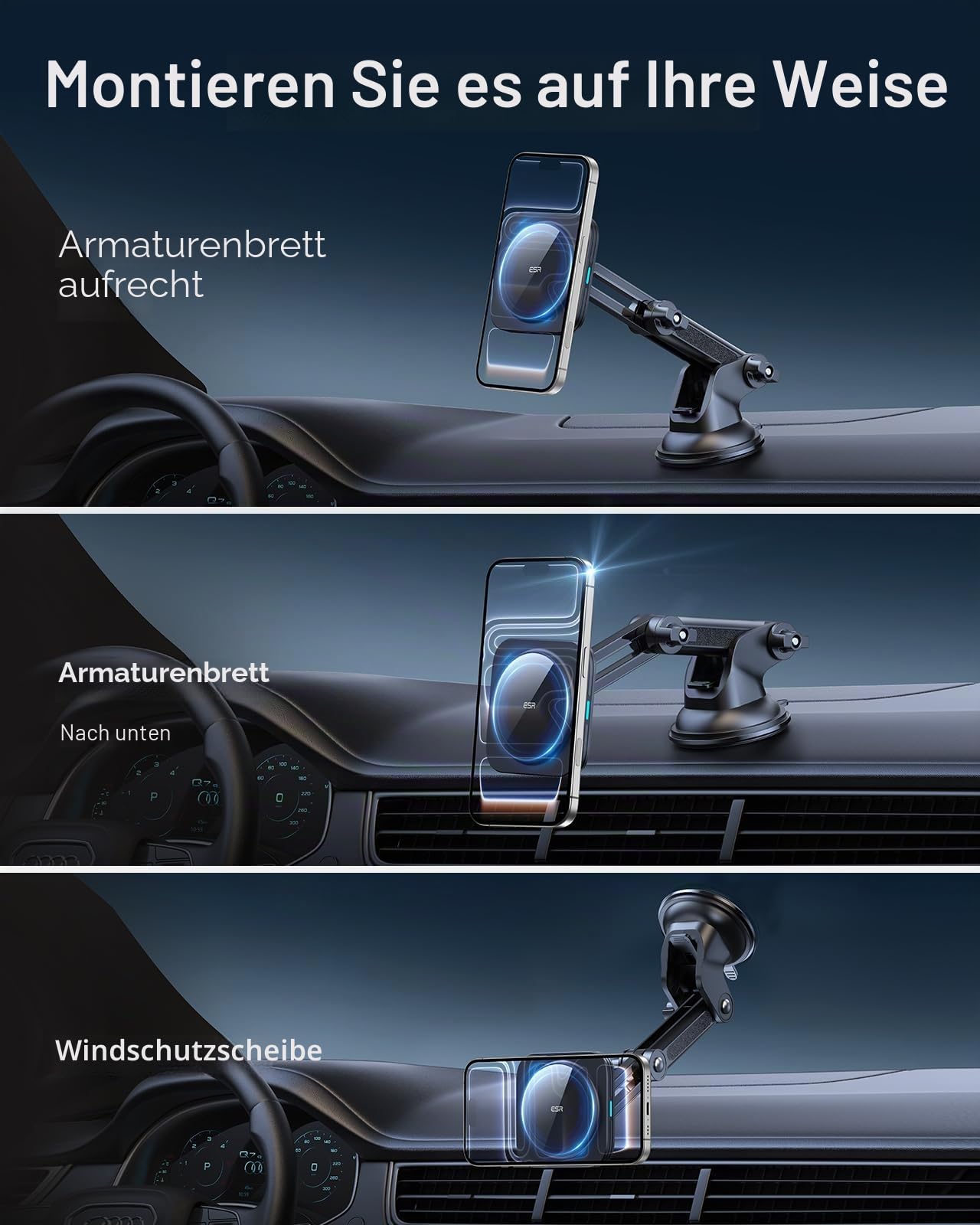 ESR für Magsafe Autohalterung mit Ladefunktion, Armaturenbrett Handyhalterung Auto Ladegerät, Magnet Handyhalterung Auto mit Ladefunktion für iPhone Air/17/17e/16/15/14/13/12, S25/S26, Schnellladung